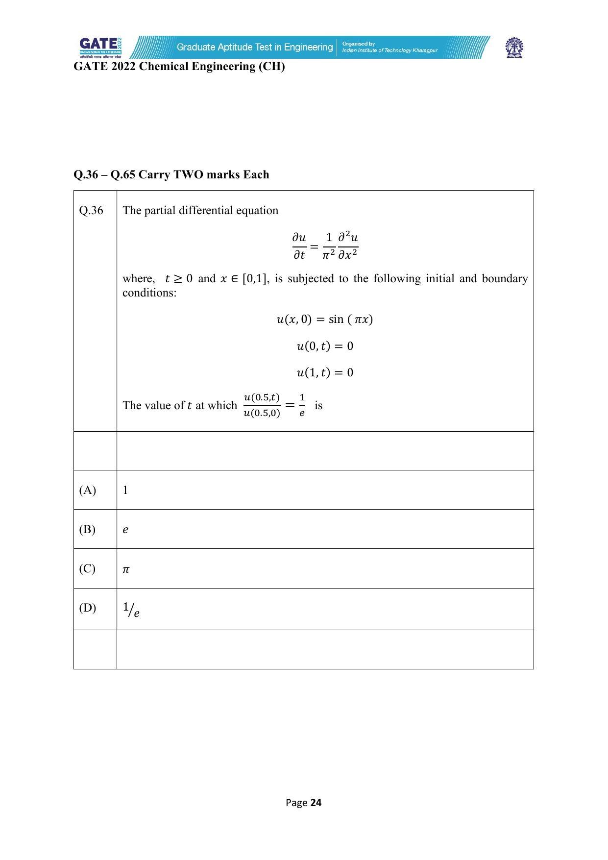 GATE 2022 Chemical Engineering (CH) Question Paper - Page 24
