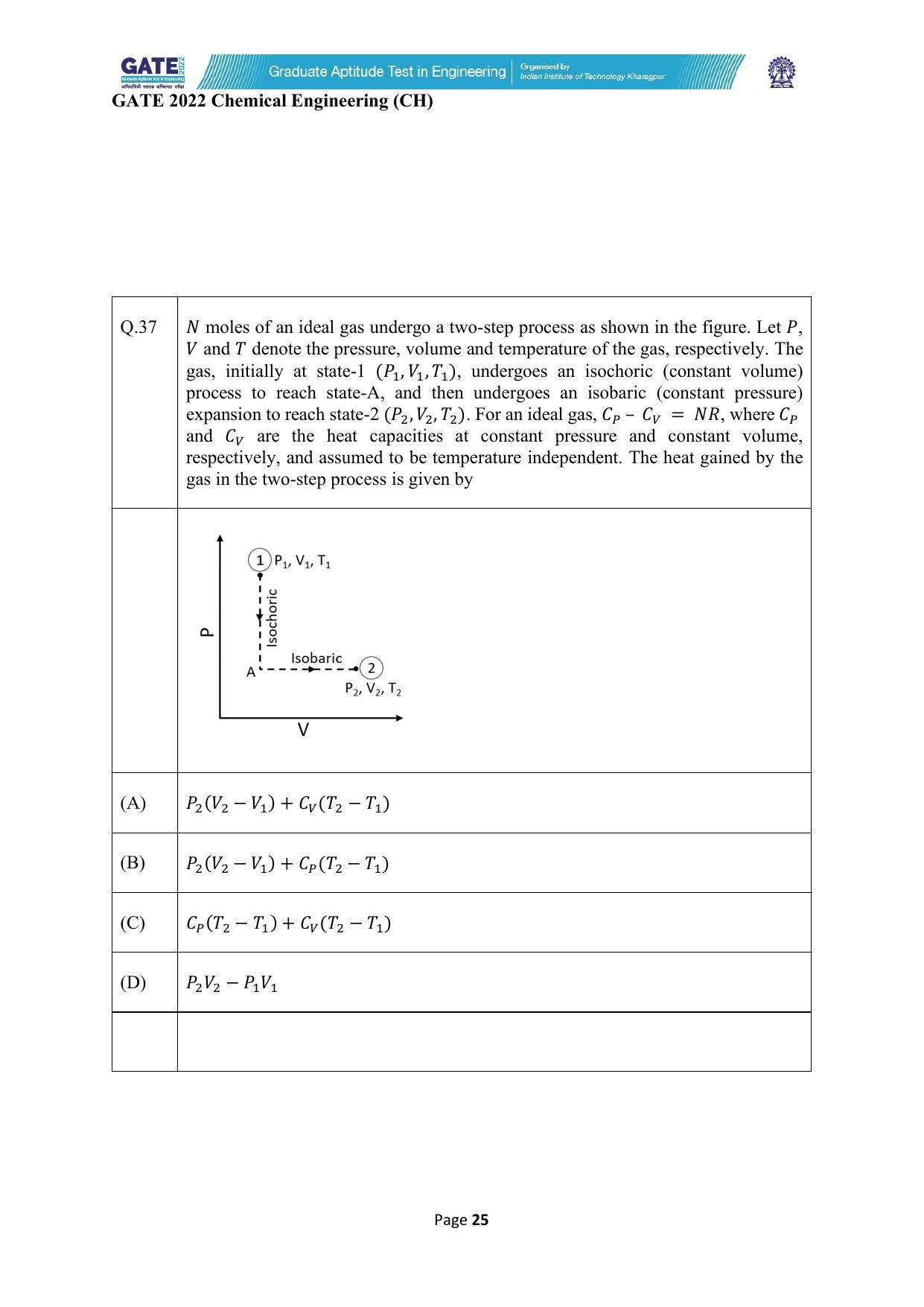 GATE 2022 Chemical Engineering (CH) Question Paper - Page 25