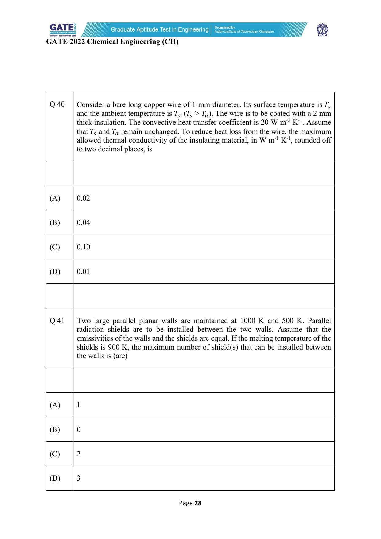 GATE 2022 Chemical Engineering (CH) Question Paper - Page 28