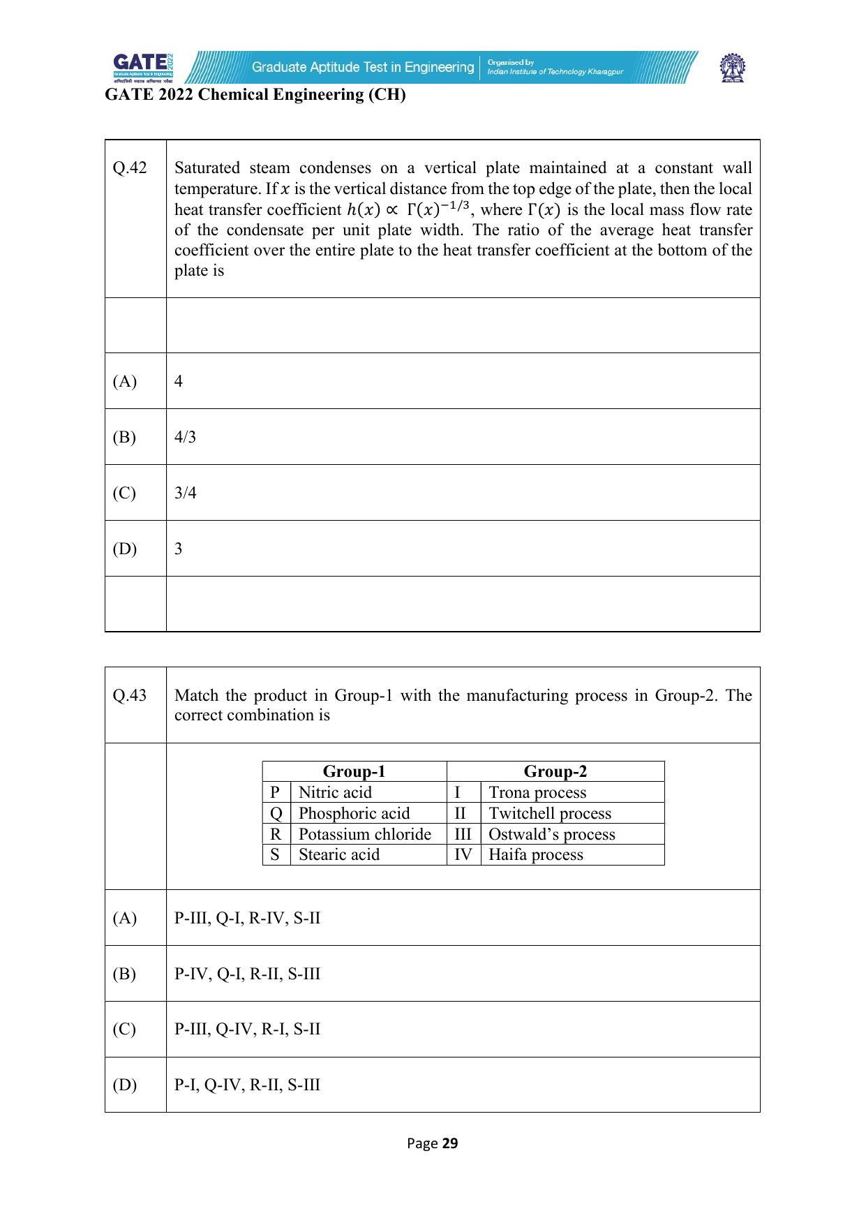GATE 2022 Chemical Engineering (CH) Question Paper - Page 29