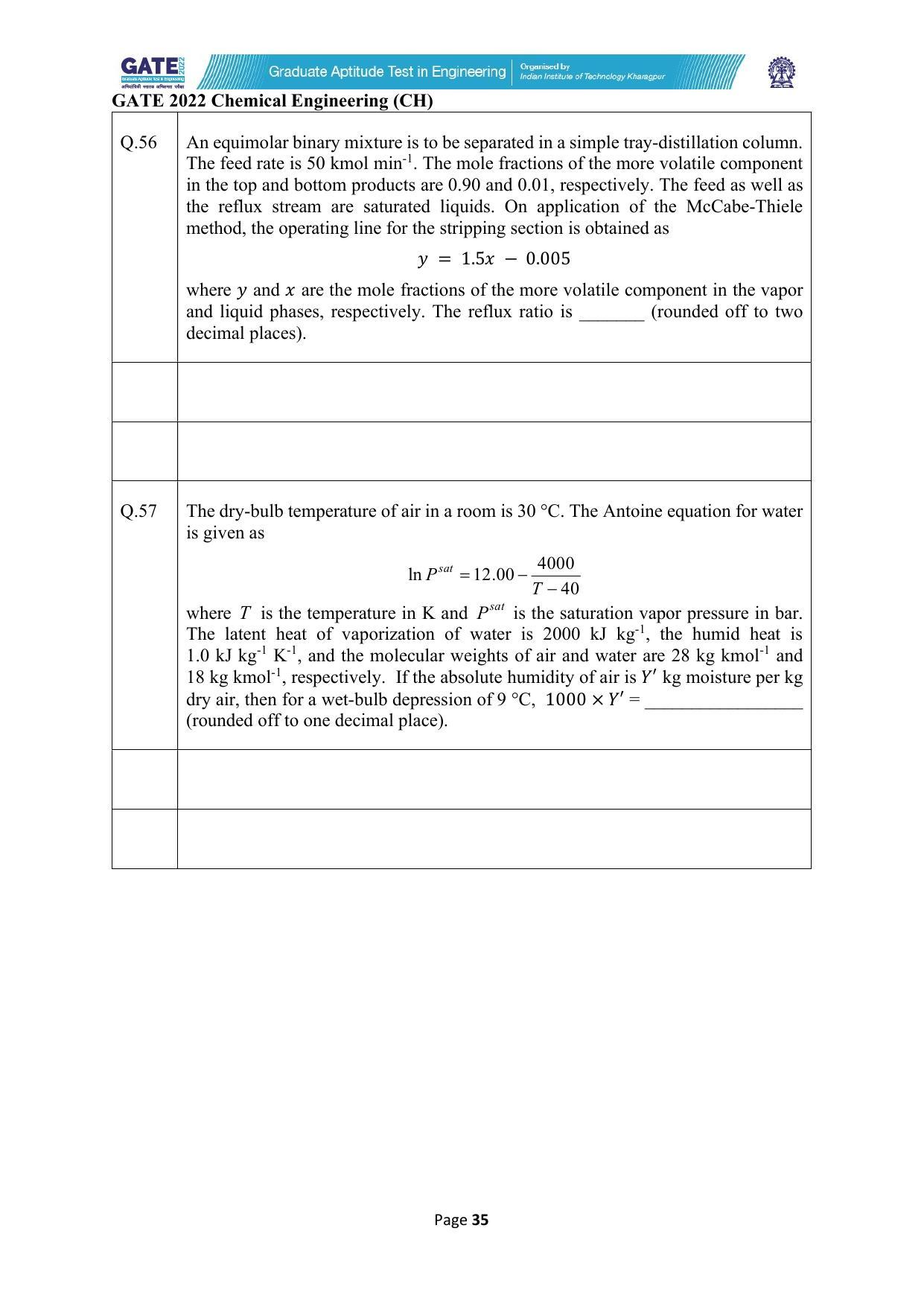 GATE 2022 Chemical Engineering (CH) Question Paper - Page 35