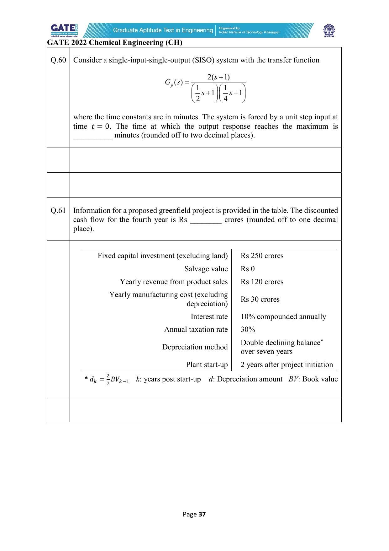 GATE 2022 Chemical Engineering (CH) Question Paper - Page 37