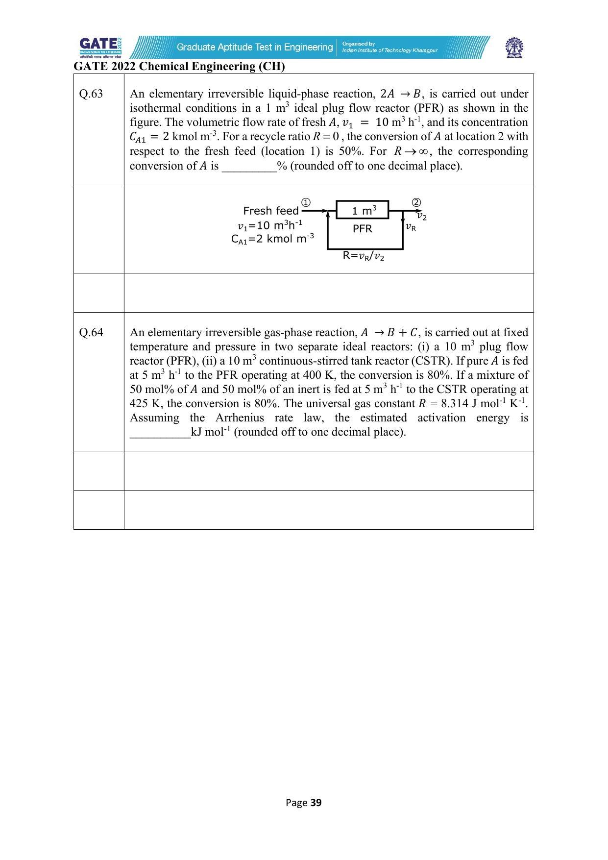 GATE 2022 Chemical Engineering (CH) Question Paper - Page 39