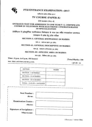 FTII JET One Year Post Graduate Certificate Course in Electronic Cinematography 2017 Question Paper