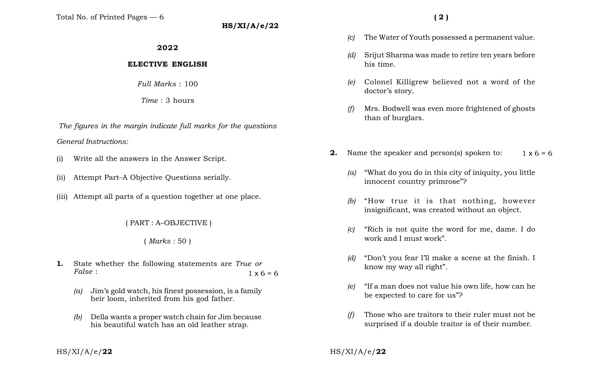 Meghalaya Board (MBOSE) Class 11 Elective English (theory) 2022 Question Paper - Page 1