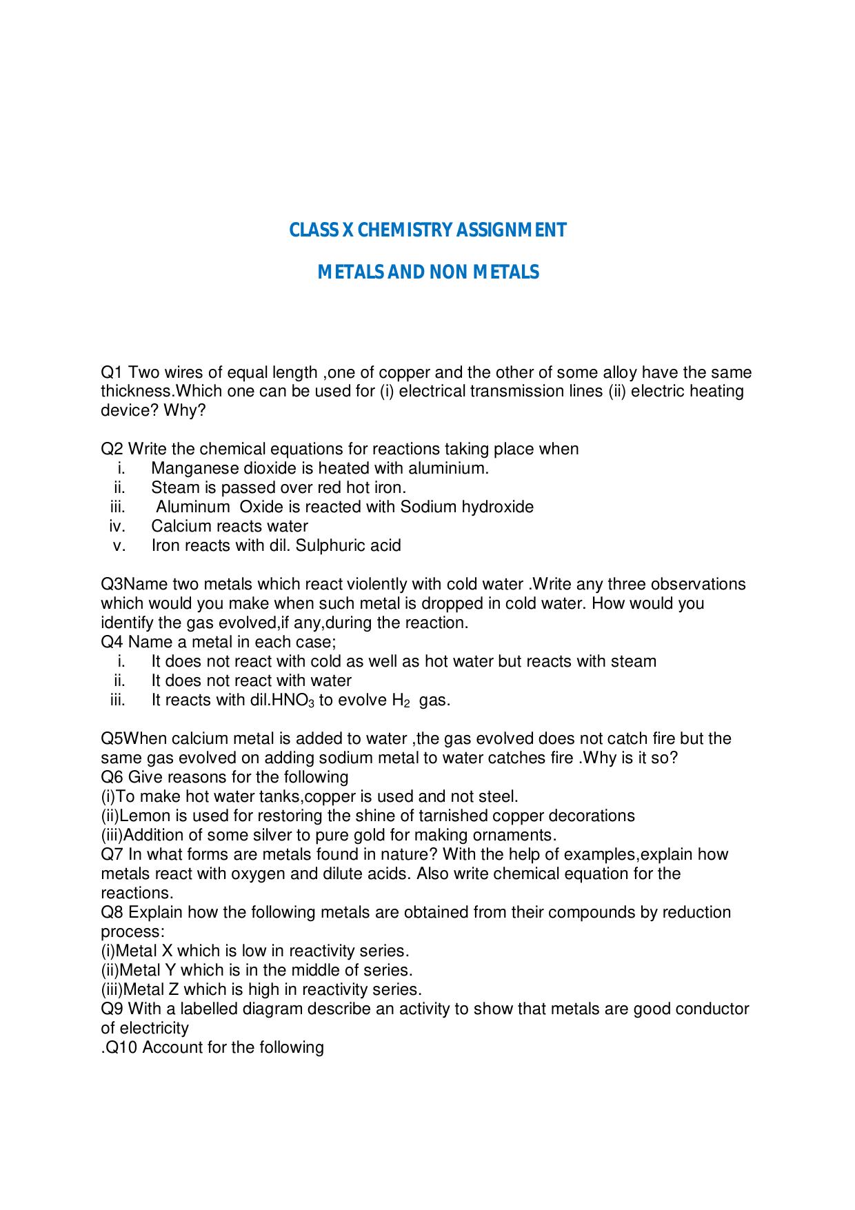 CBSE Worksheets for Class 10 Chemistry Metals And Non-Metals Assignment 2 - Page 1
