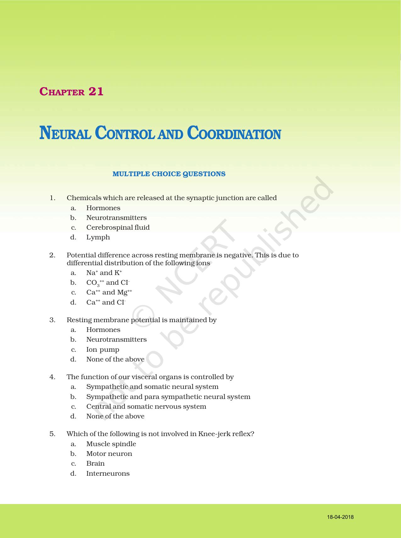 NCERT Exemplar Class 11: Biology Chapter 21 (NEURAL CONTROL AND COORDINATION) - Page 1