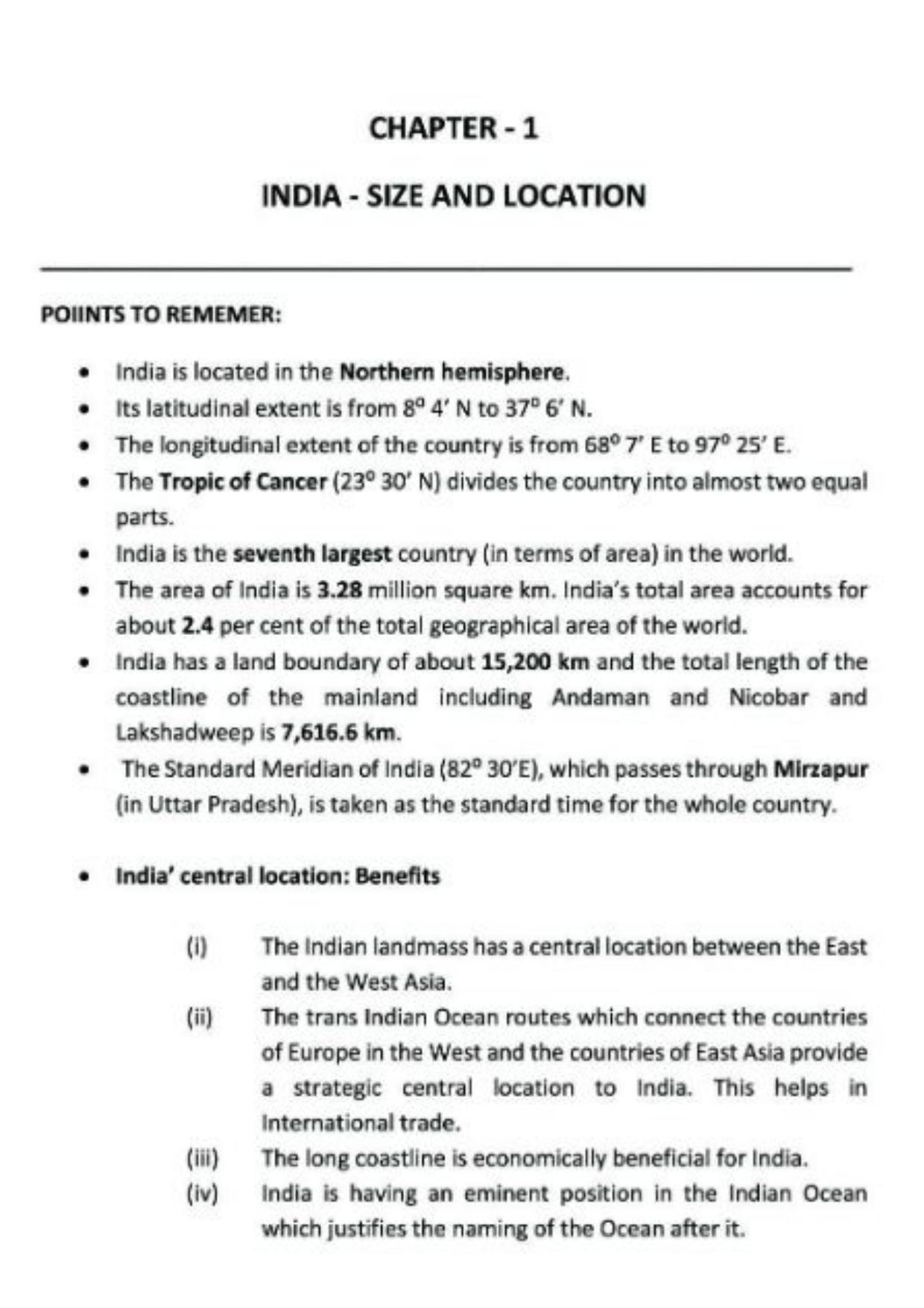 Class 9 Notes, Question & Practice Paper - Geography (Topic 1 India Size and Location) - Page 2
