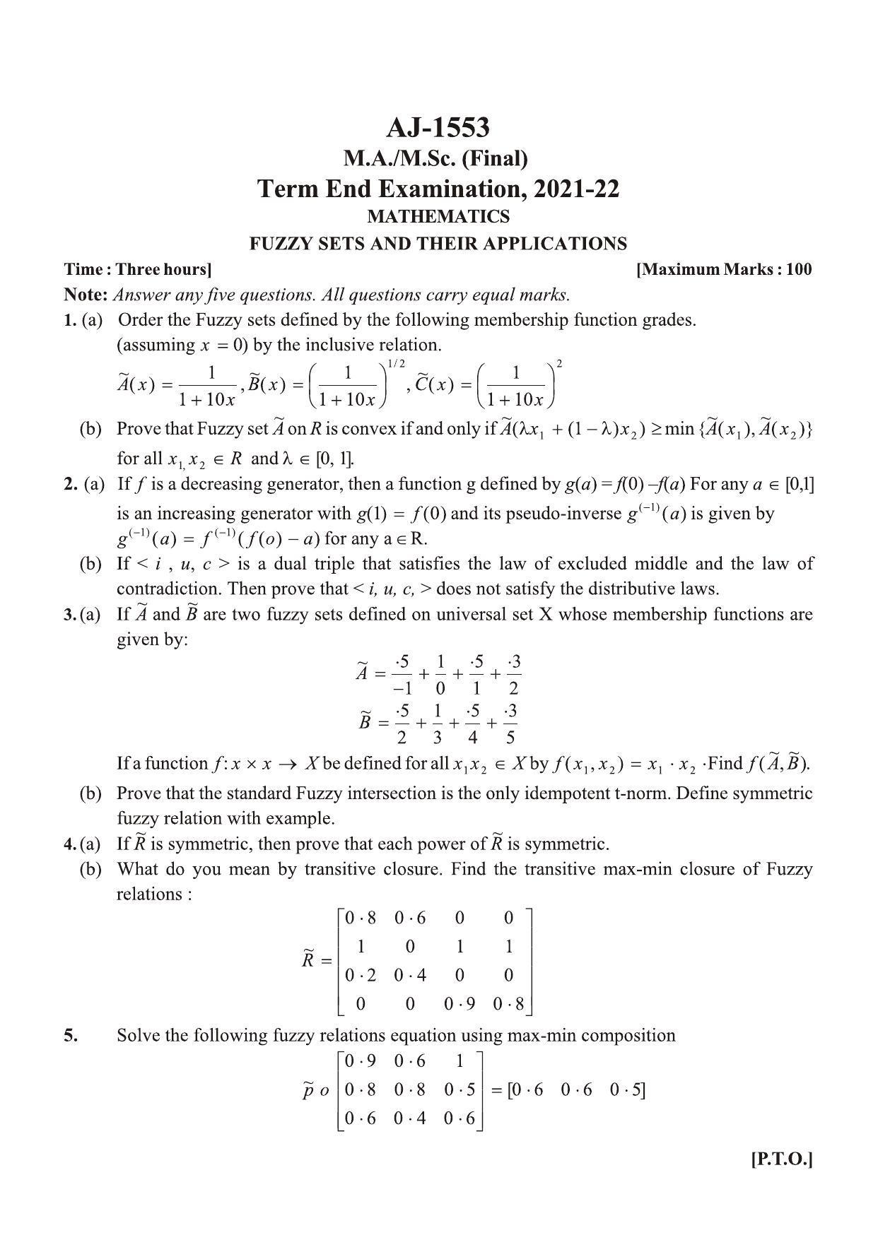  Bilaspur University Question Paper 2021-2022:M.A (Final) Mathematics  Fuzzy And Their Applications paper 1 - Page 1