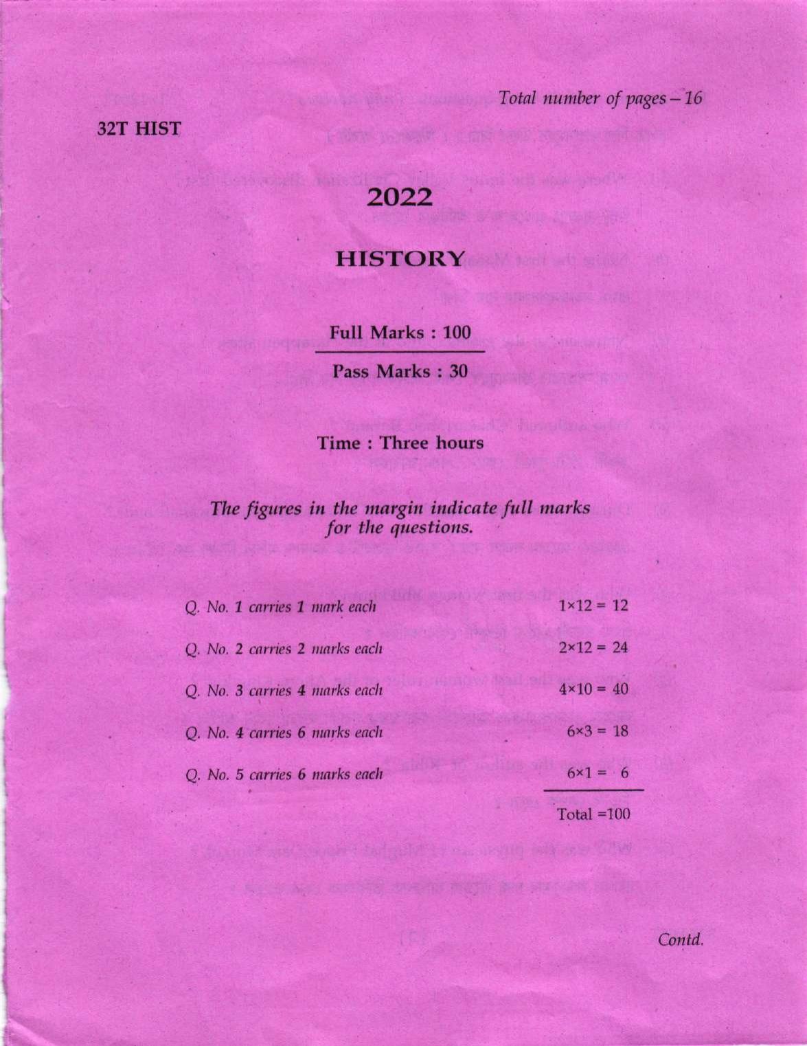 Assam HS 2nd Year History 2022 Question Paper - Page 1