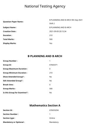 JEE Mains 2021: B PLANNING AND B ARCH (Shift 2) 09-09-2021 Question Paper