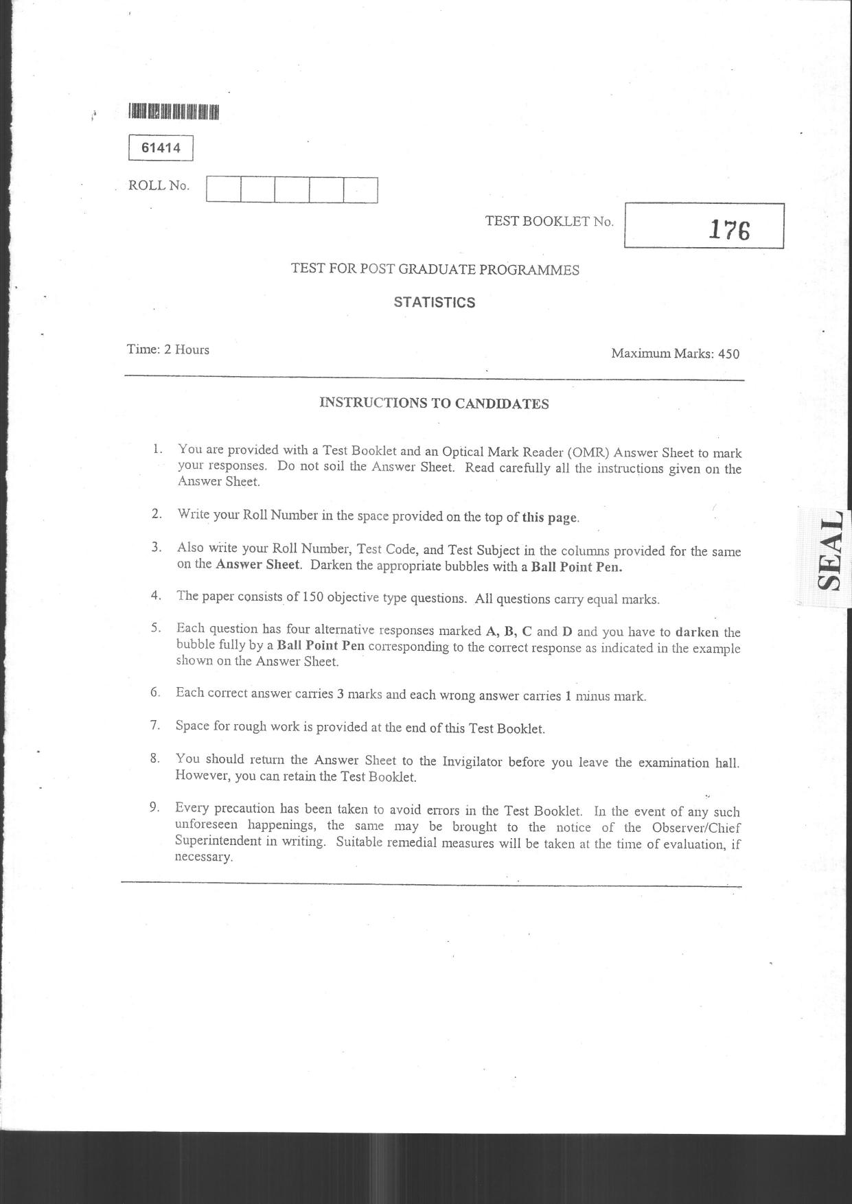 CUSAT CAT 2014 Statistics Question Paper - Page 1