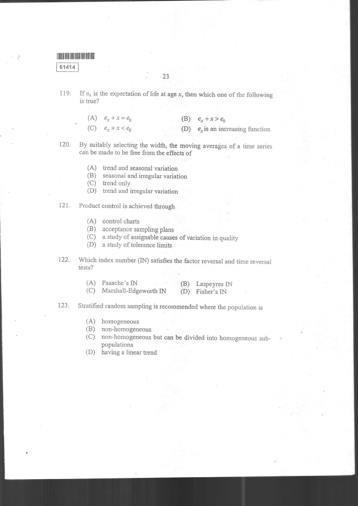 CUSAT CAT 2014 Statistics Question Paper - Page 28
