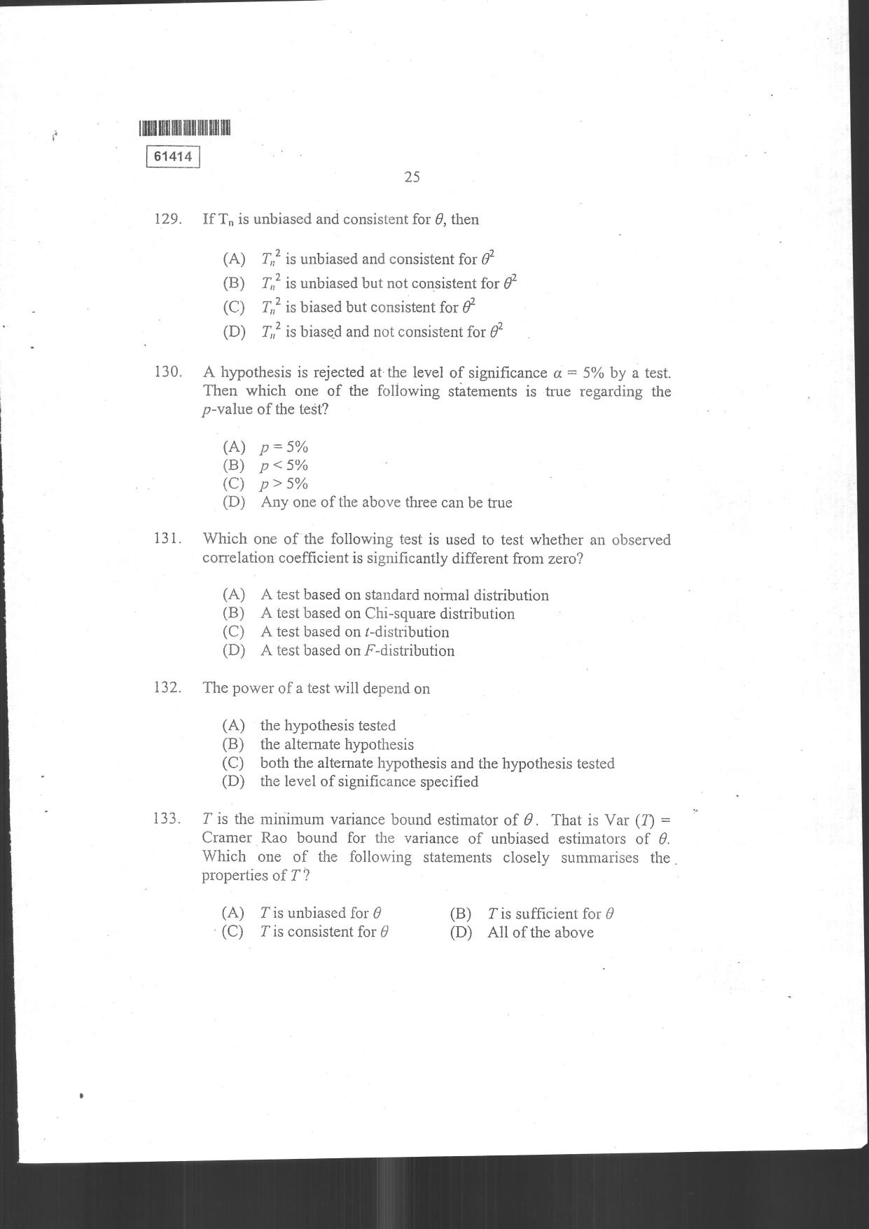 CUSAT CAT 2014 Statistics Question Paper - Page 29