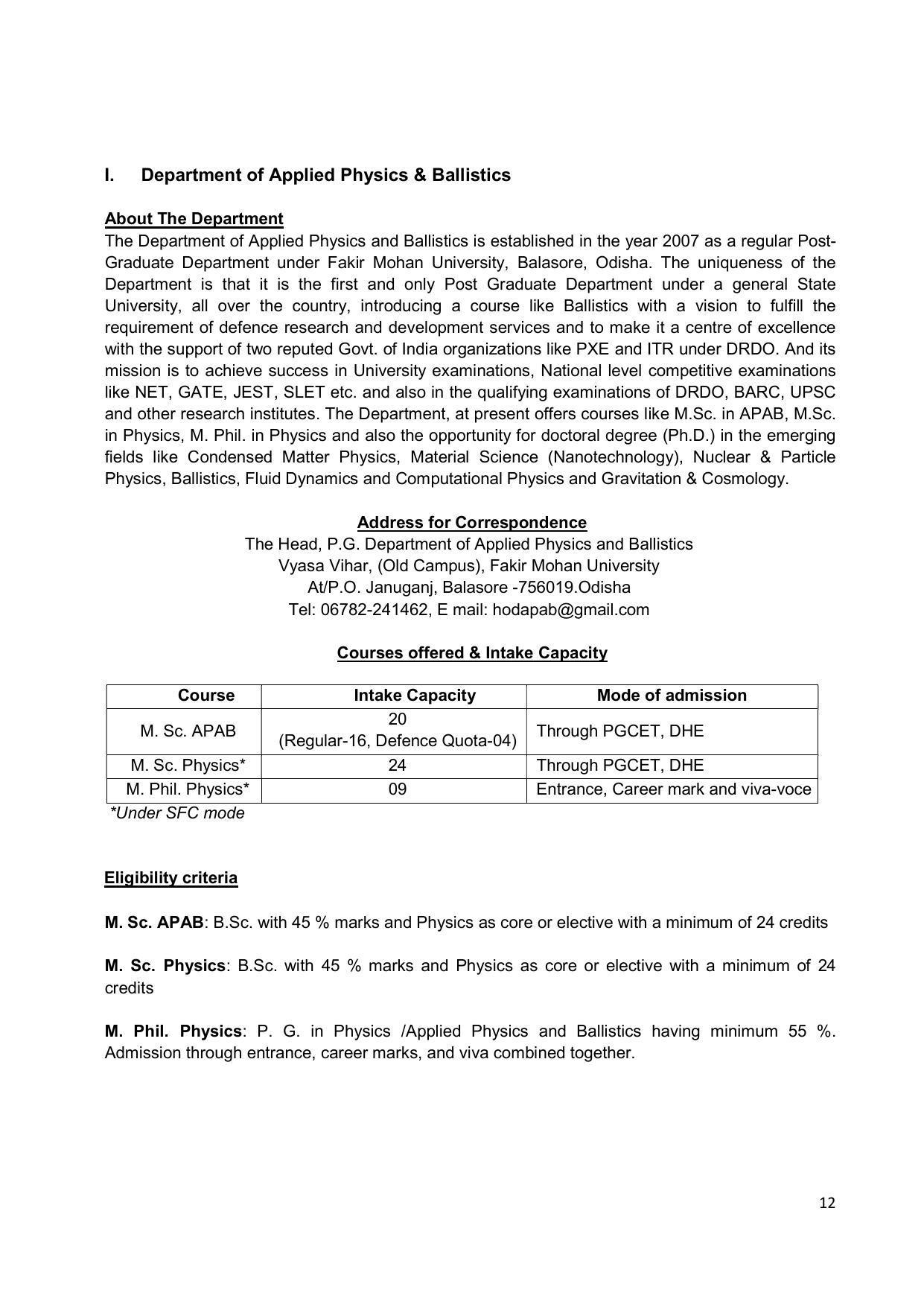 Fakir Mohan University, Balasore PG Prospectus-2020-21 - Page 12