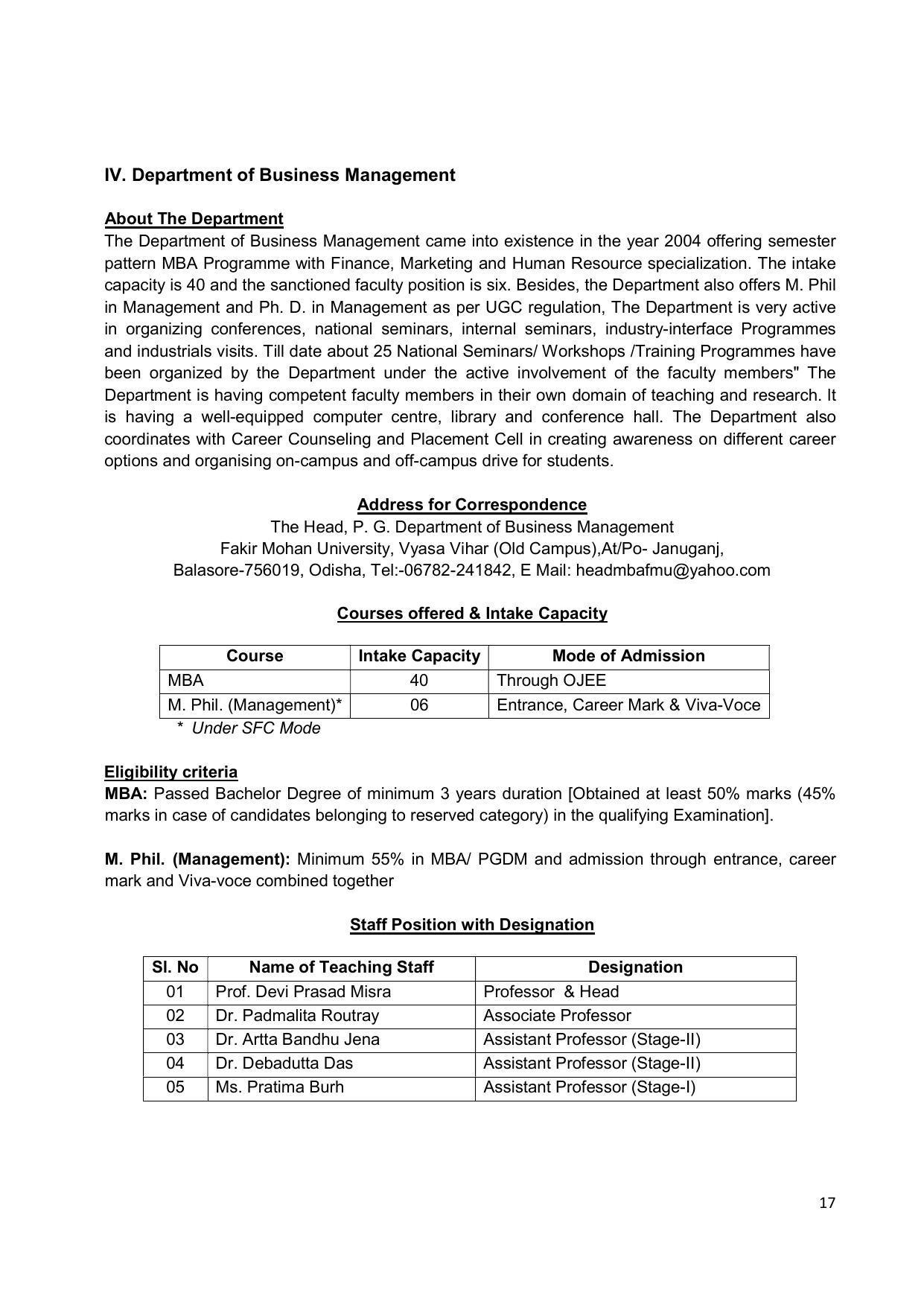 Fakir Mohan University, Balasore PG Prospectus-2020-21 - Page 17