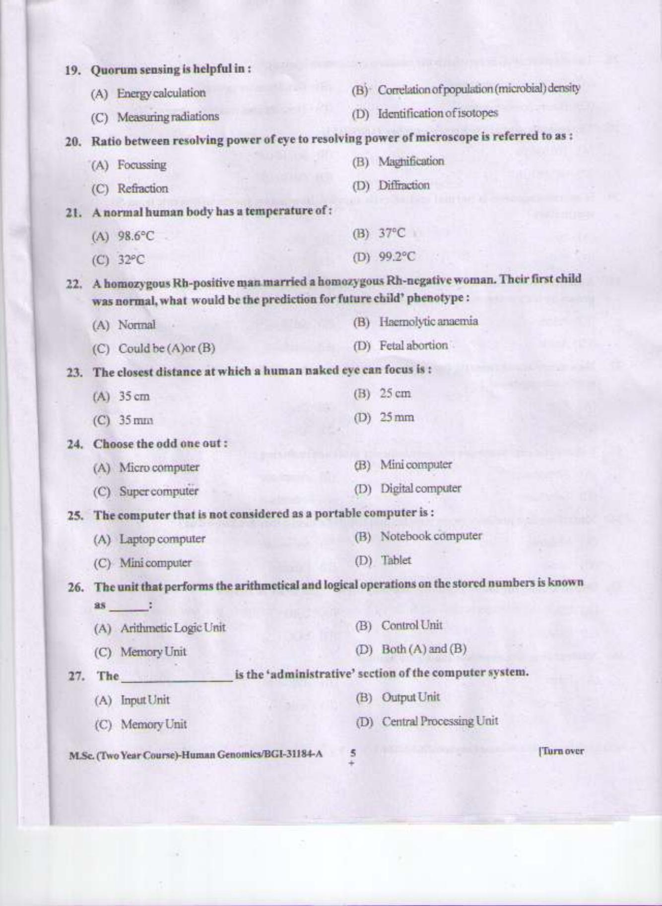 PU CET PG 2015: MSc (2yr)(Hum.Genomics) Question Paper - Page 4