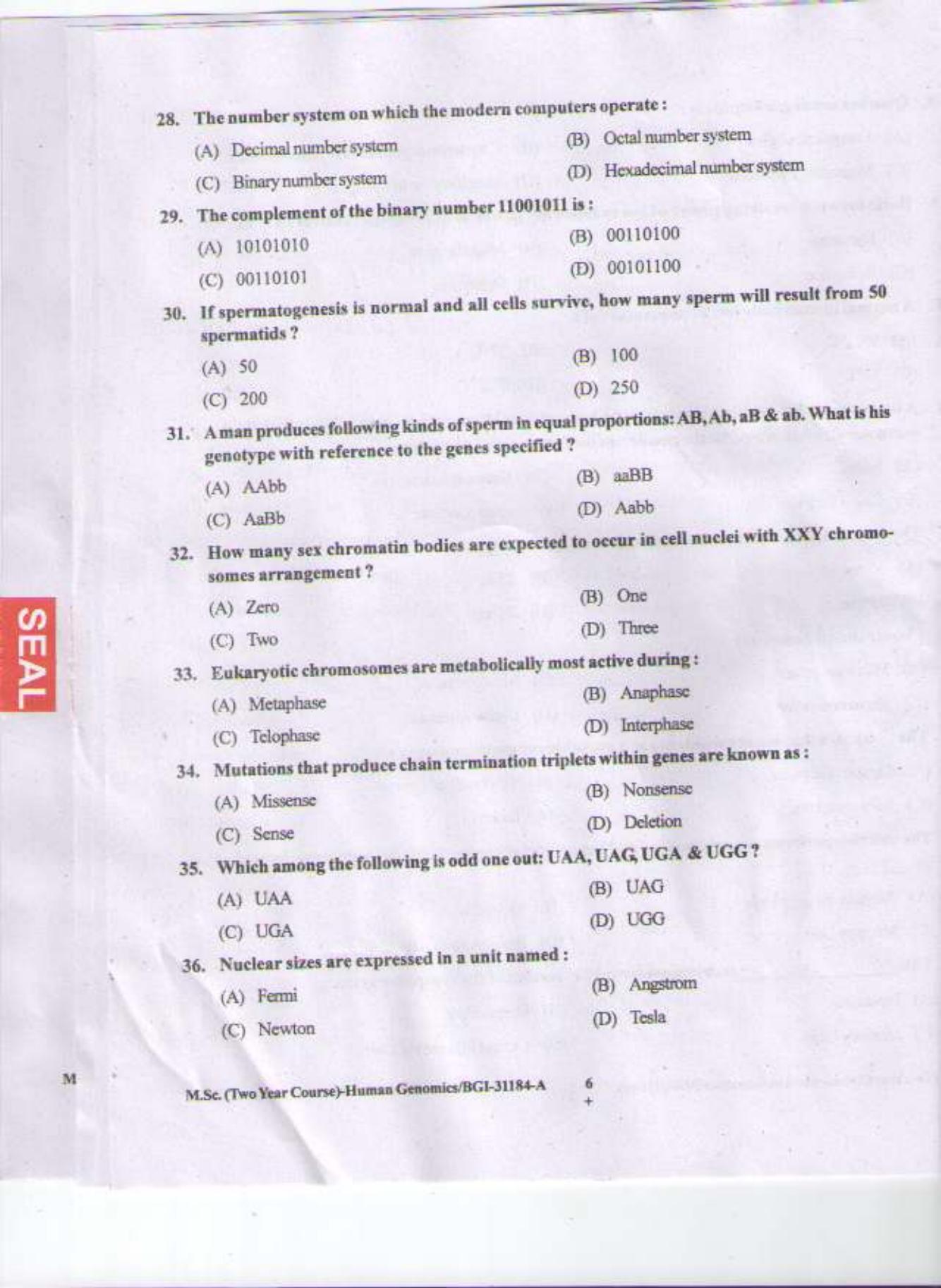 PU CET PG 2015: MSc (2yr)(Hum.Genomics) Question Paper - Page 5