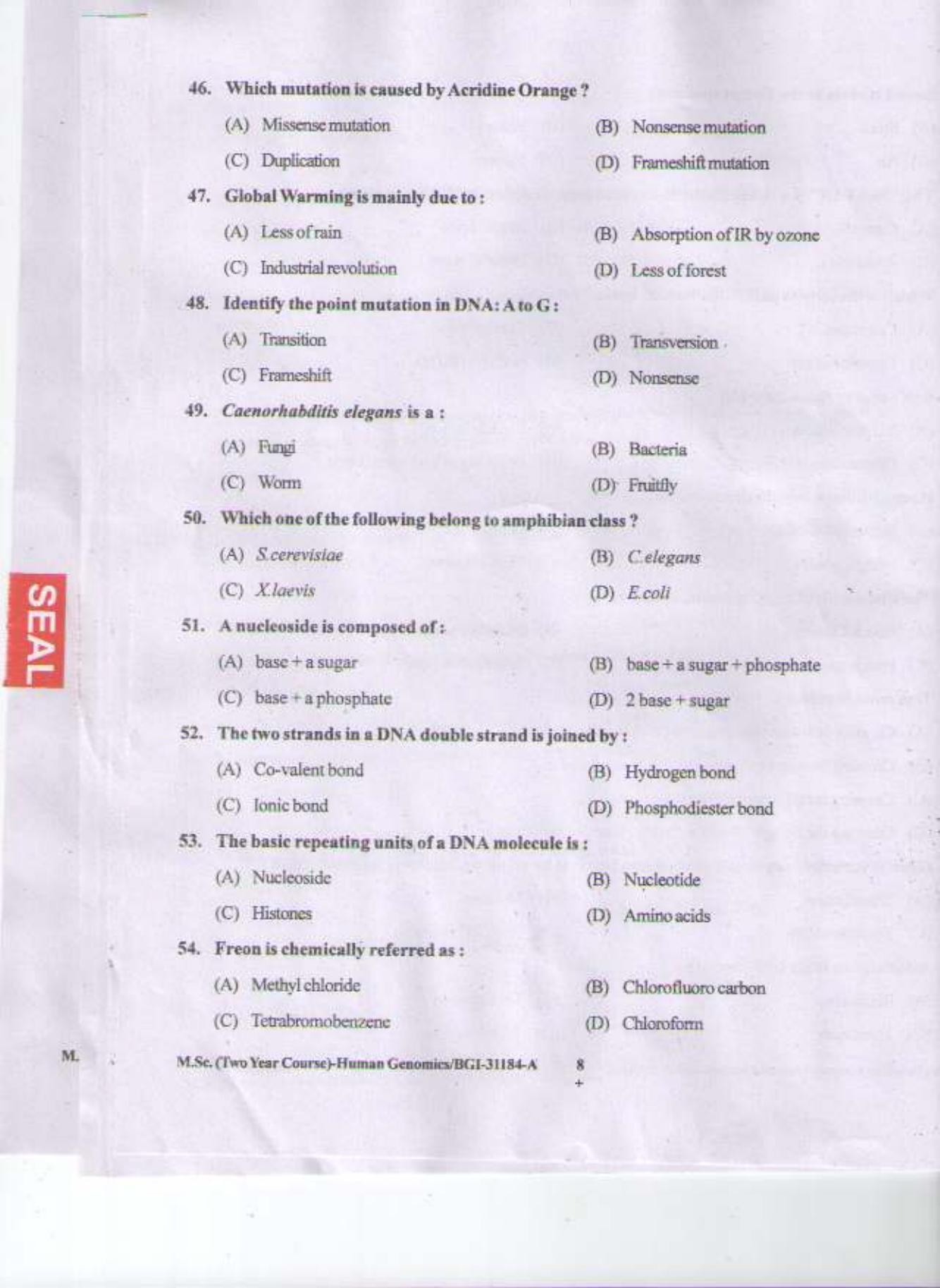 PU CET PG 2015: MSc (2yr)(Hum.Genomics) Question Paper - Page 7