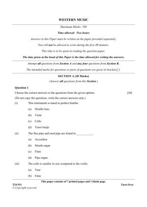 ICSE Class 10 Western Music 2024 Question Paper