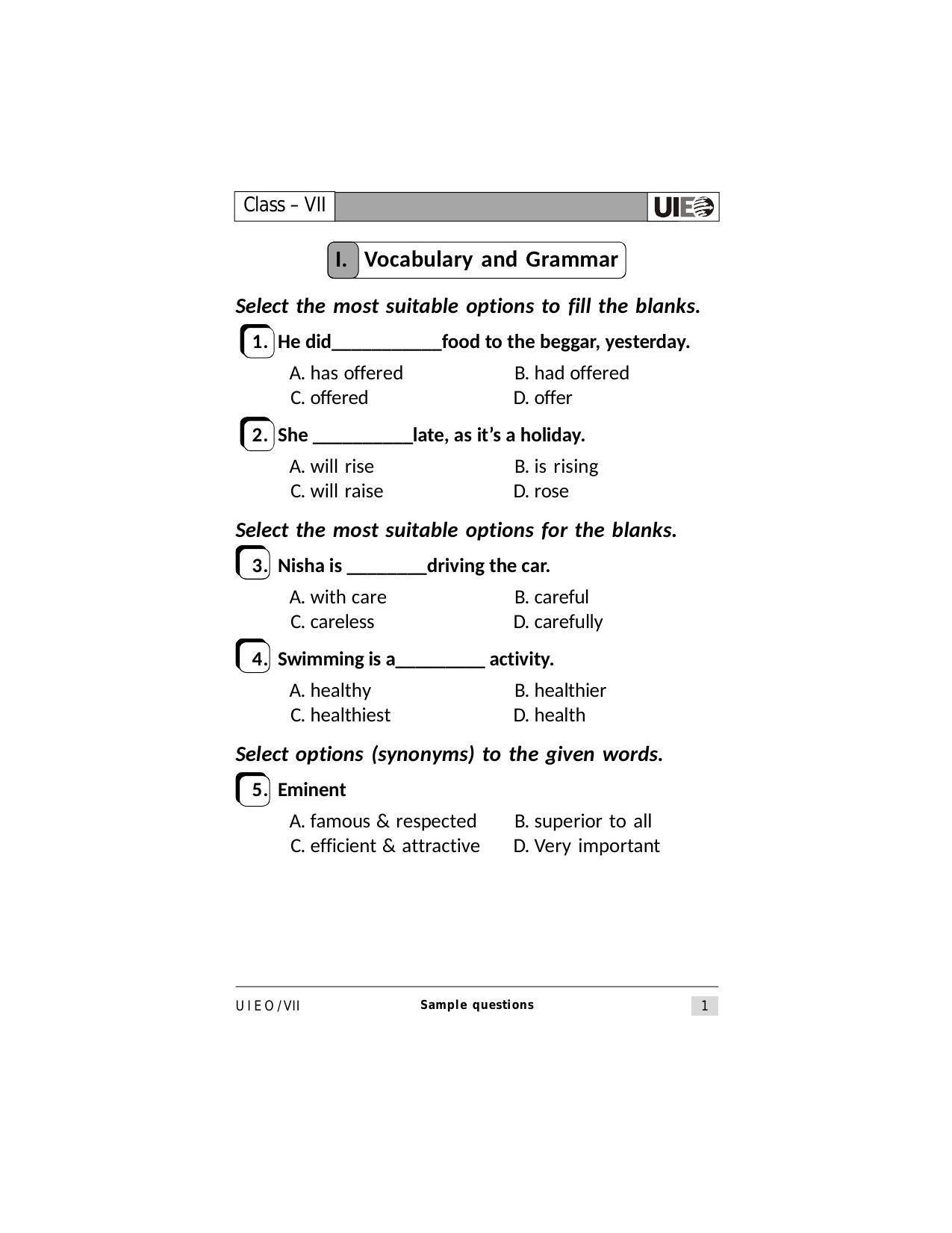 UIEO Sample Paper for Class 7 - Page 1