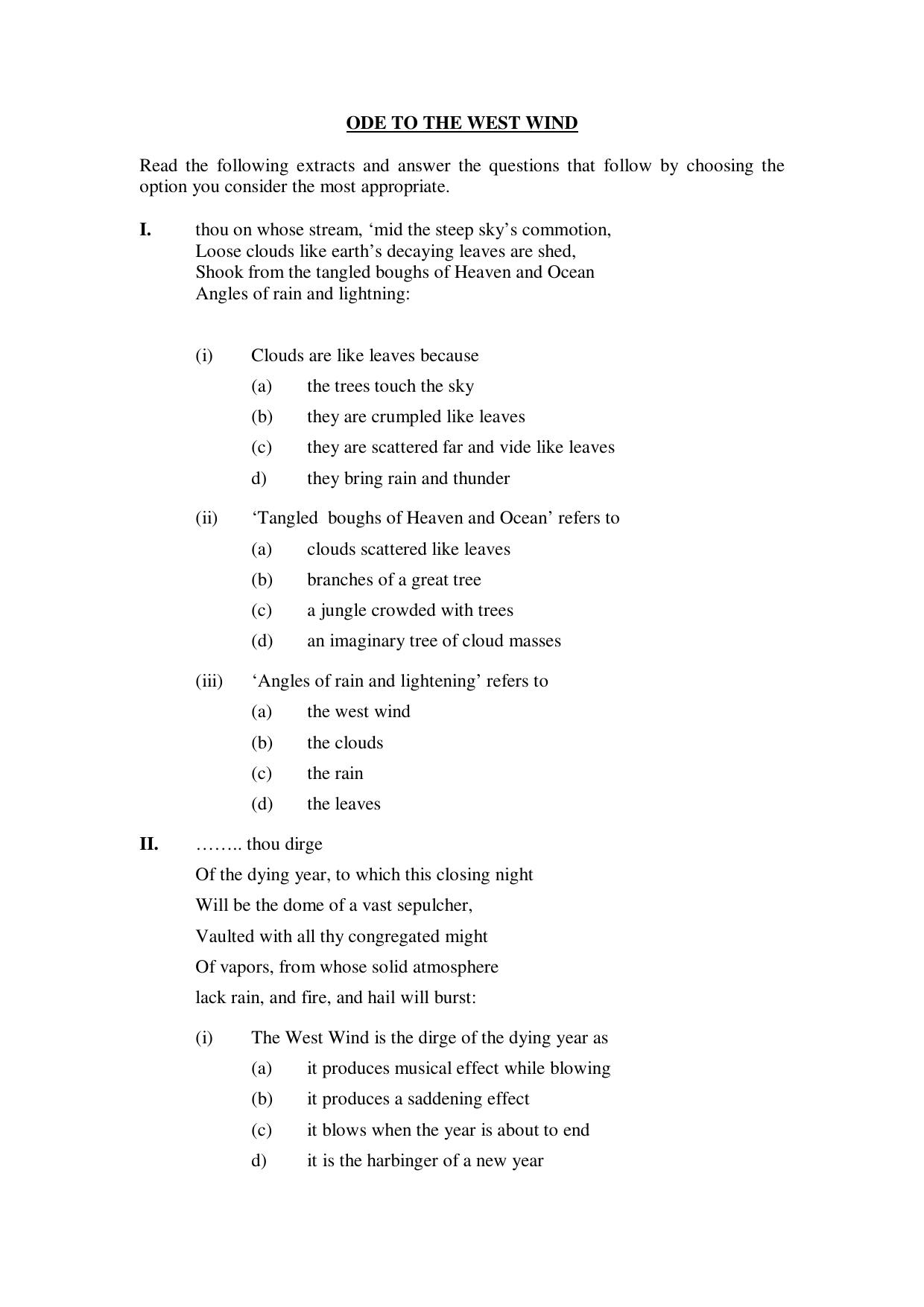 CBSE Worksheets for Class 10 English Ode To The West Wind Assignment - Page 1