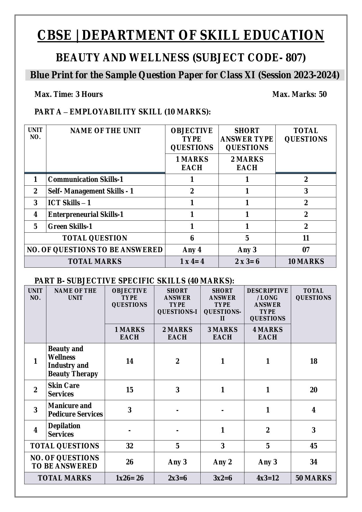 CBSE Class 11: Beauty And Wellness 2024 Sample Paper - Page 1