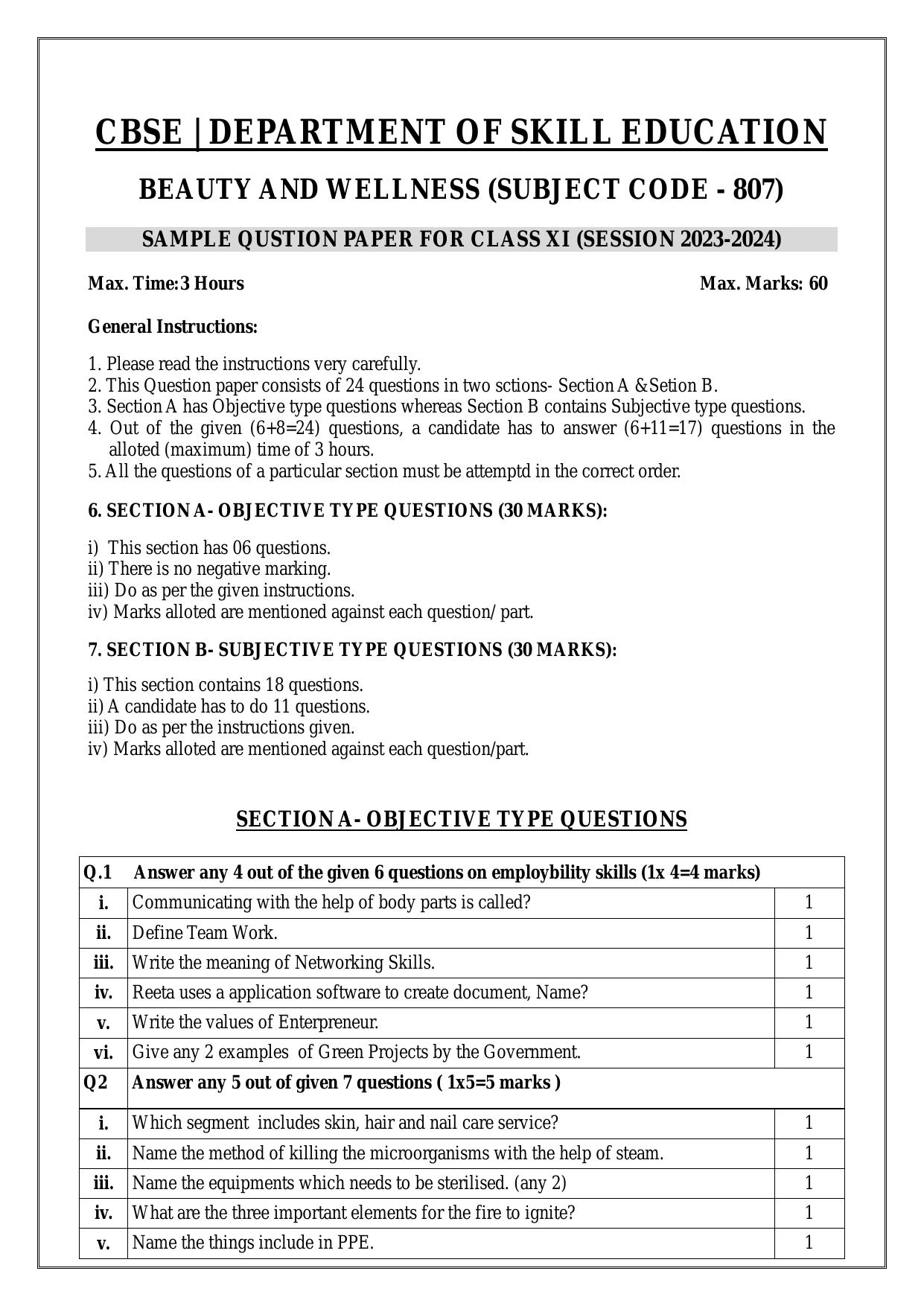 CBSE Class 11: Beauty And Wellness 2024 Sample Paper - Page 2