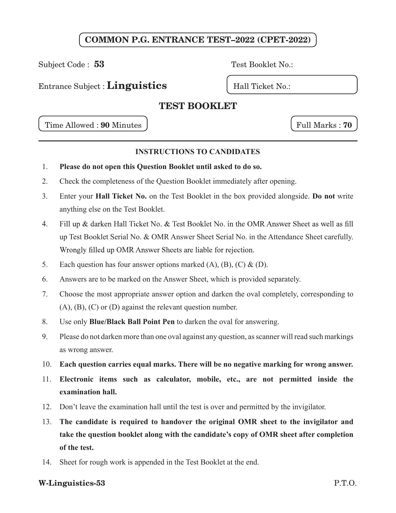 Odisha CPET 2022 LINGUISTICS Question Paper - Page 1