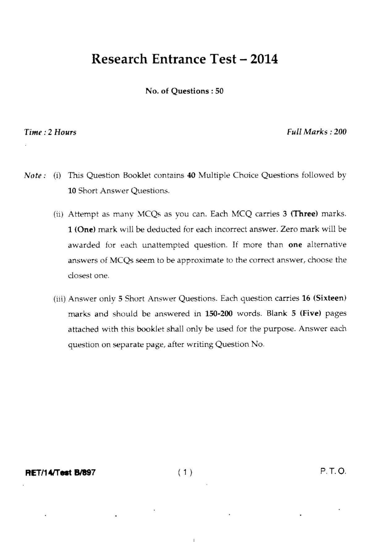BHU RET Psychology 2014 Question Paper - Page 3