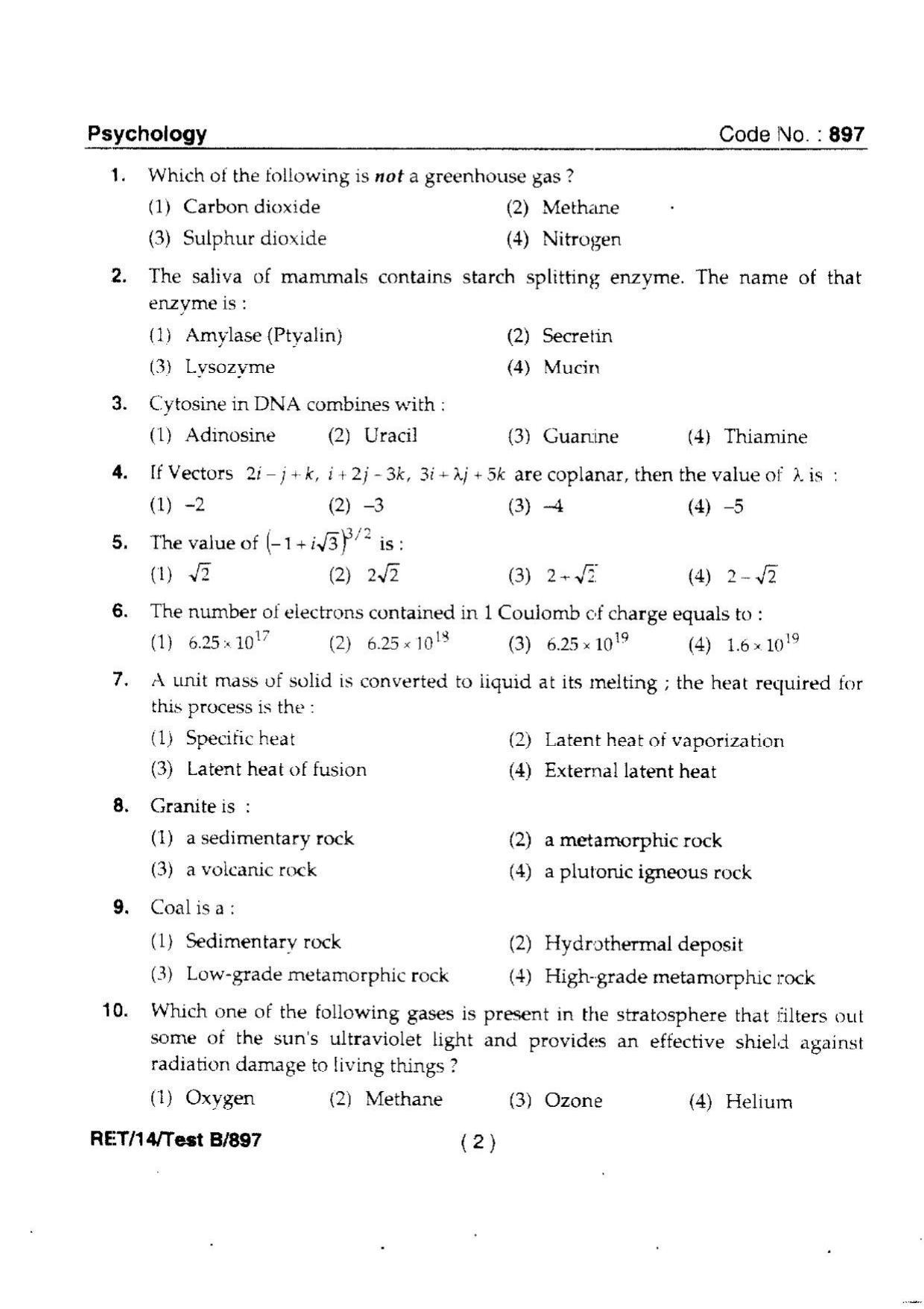 BHU RET Psychology 2014 Question Paper - Page 4