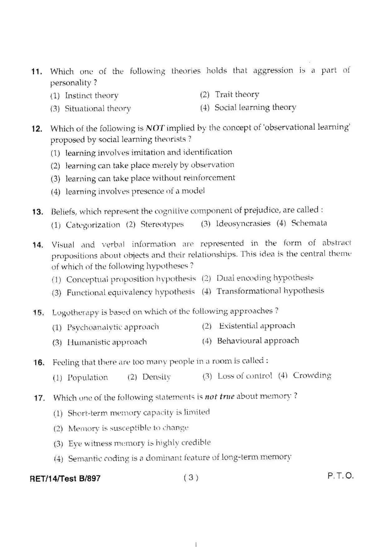 BHU RET Psychology 2014 Question Paper - Page 5