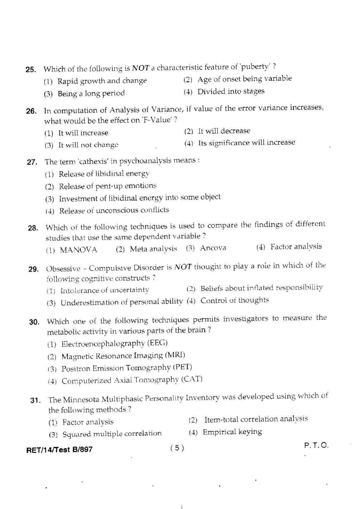 BHU RET Psychology 2014 Question Paper - Page 7