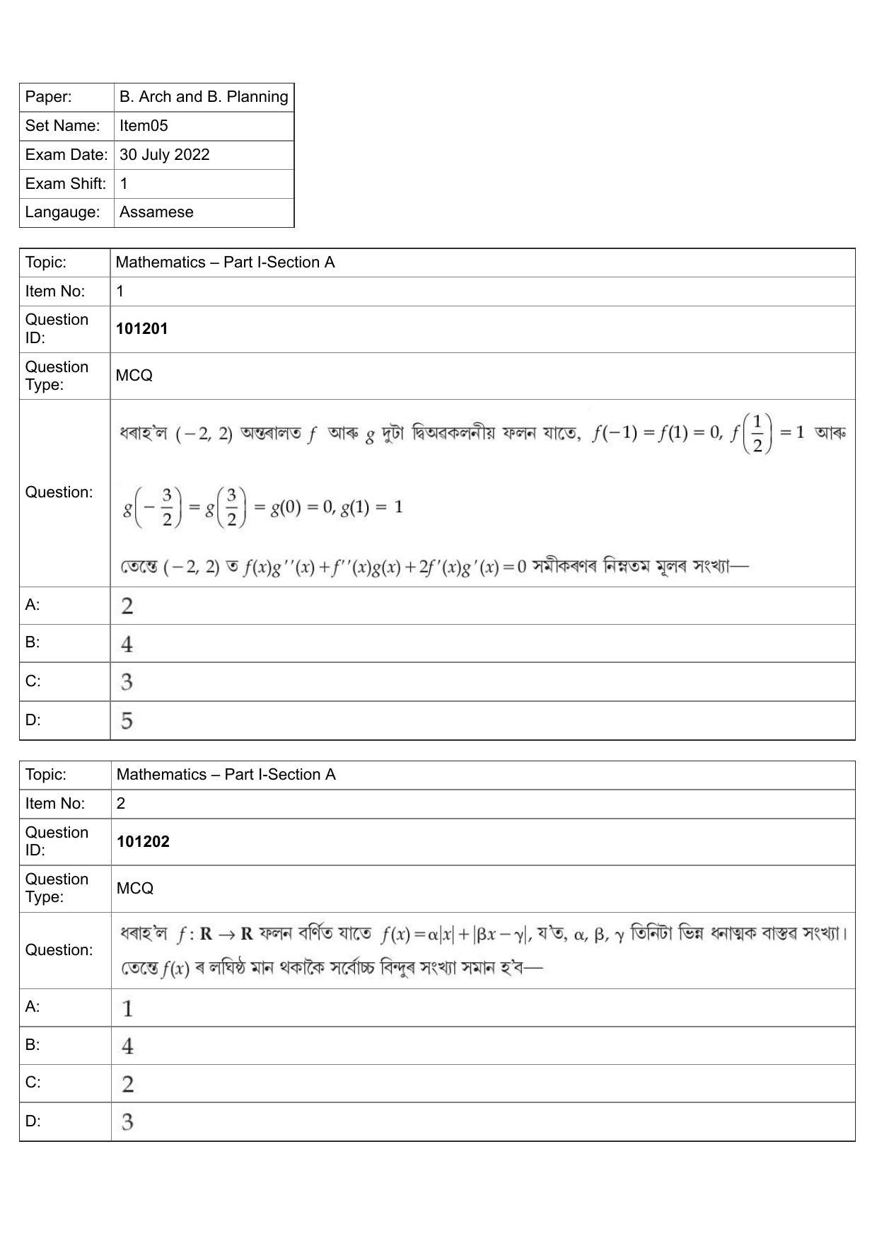 JEE Mains 2022: B Arch & B Planning Assamese (Shift 1) 30-07-2022 Question Paper - Page 1