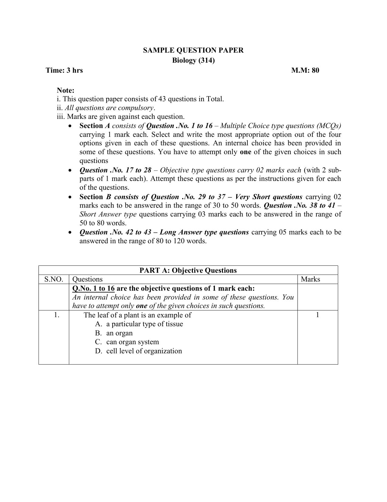 NIOS Class 12 Biology Sample Paper - Page 1