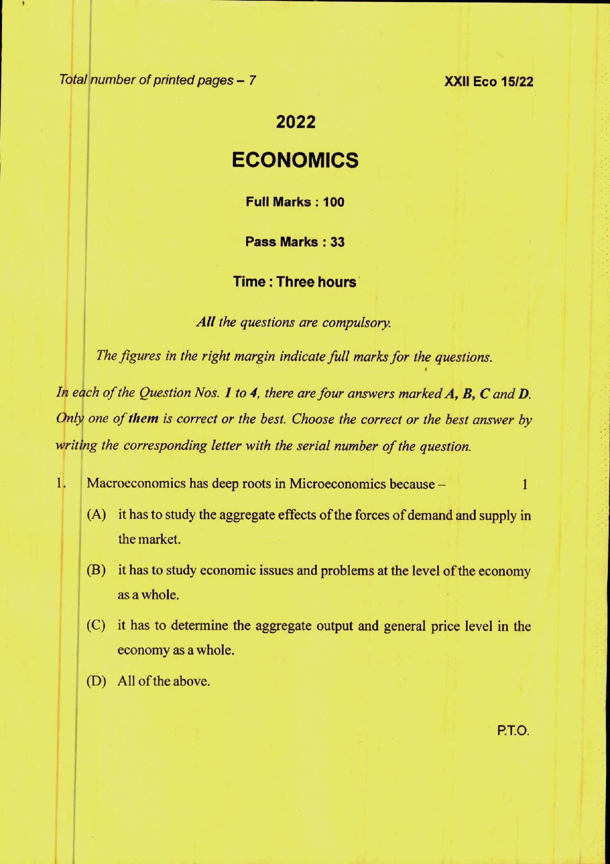 COHSEM 12th Question Papers 2022 Economics - Page 1
