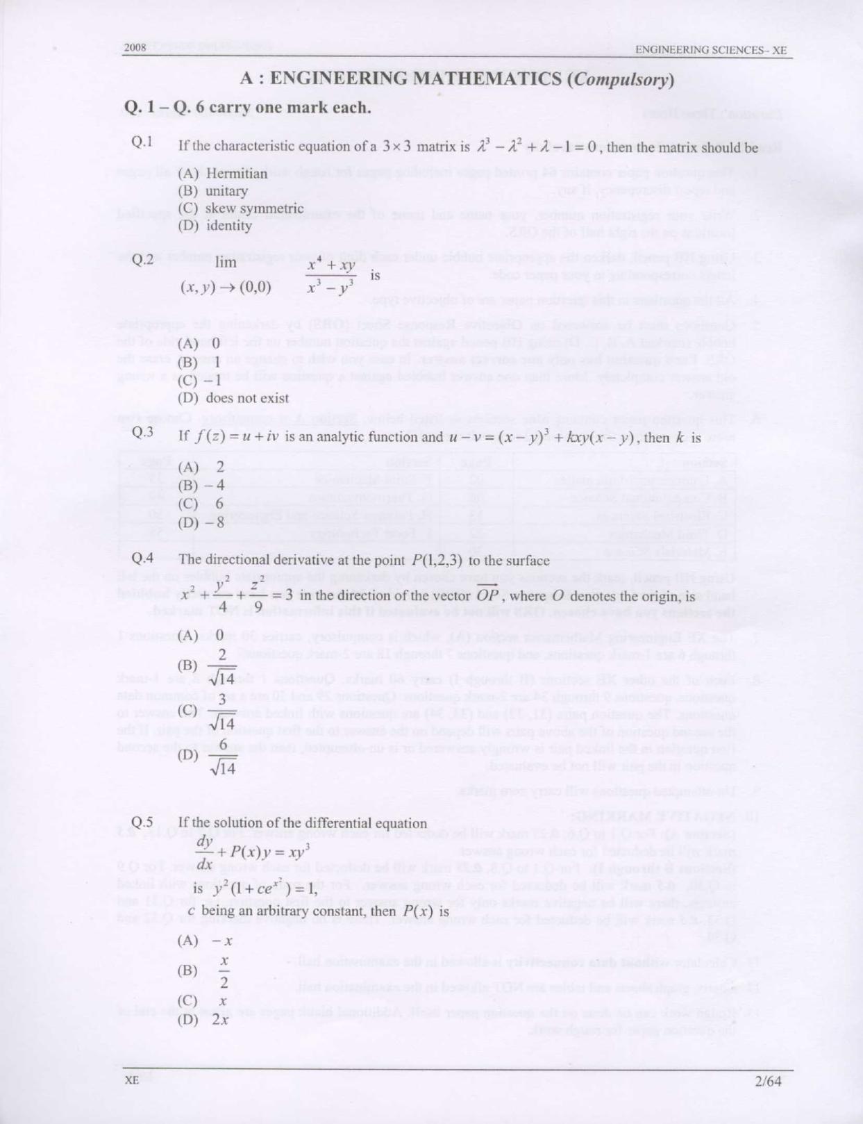 GATE 2008 Engineering Sciences (XE) Question Paper with Answer Key - Page 2