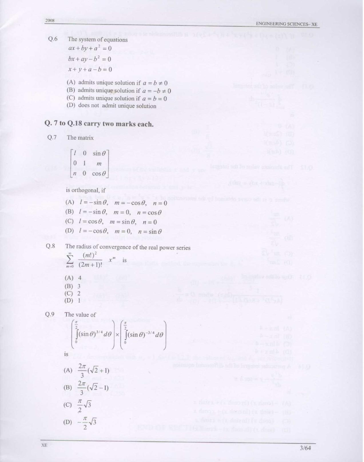 GATE 2008 Engineering Sciences (XE) Question Paper with Answer Key - Page 3
