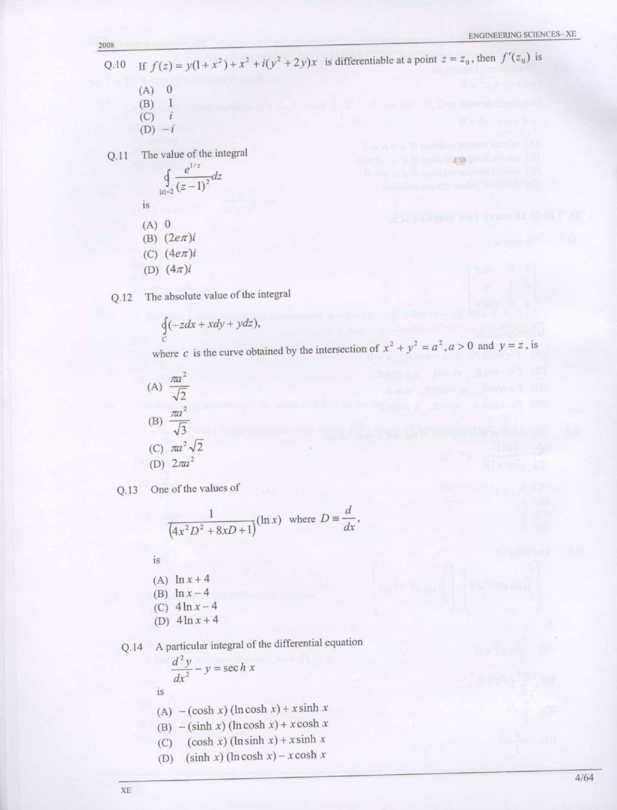 GATE 2008 Engineering Sciences (XE) Question Paper with Answer Key - Page 4