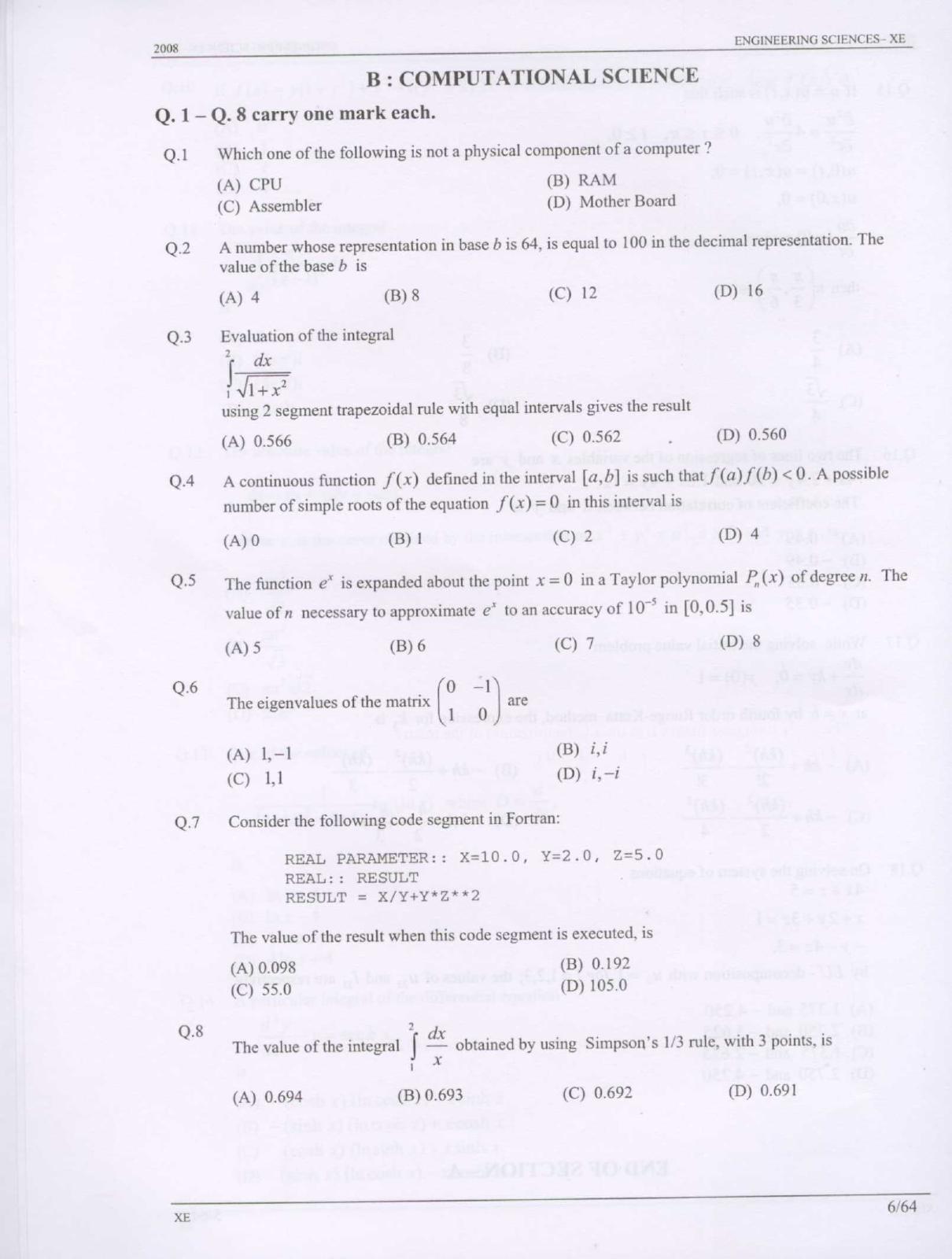 GATE 2008 Engineering Sciences (XE) Question Paper with Answer Key - Page 6