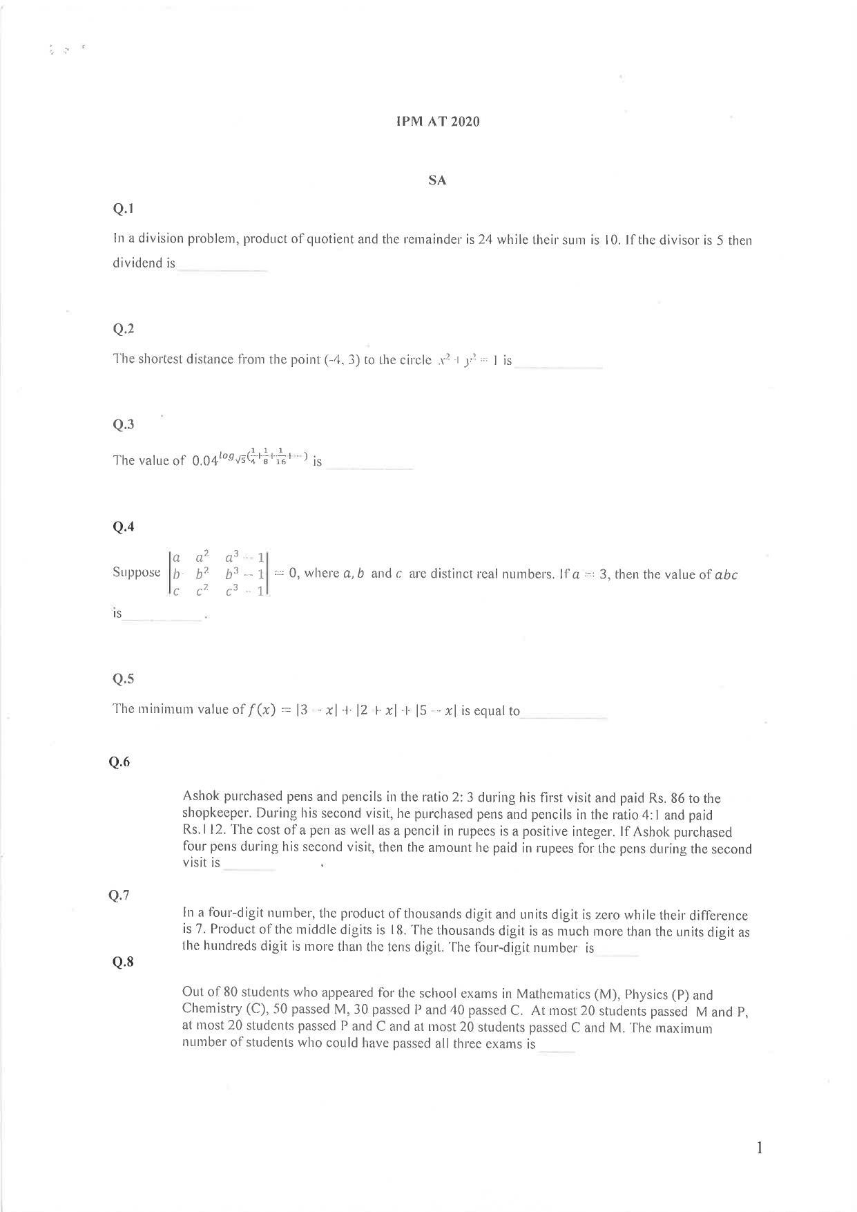 IIM Indore IPM 2020 Question Paper - Page 1