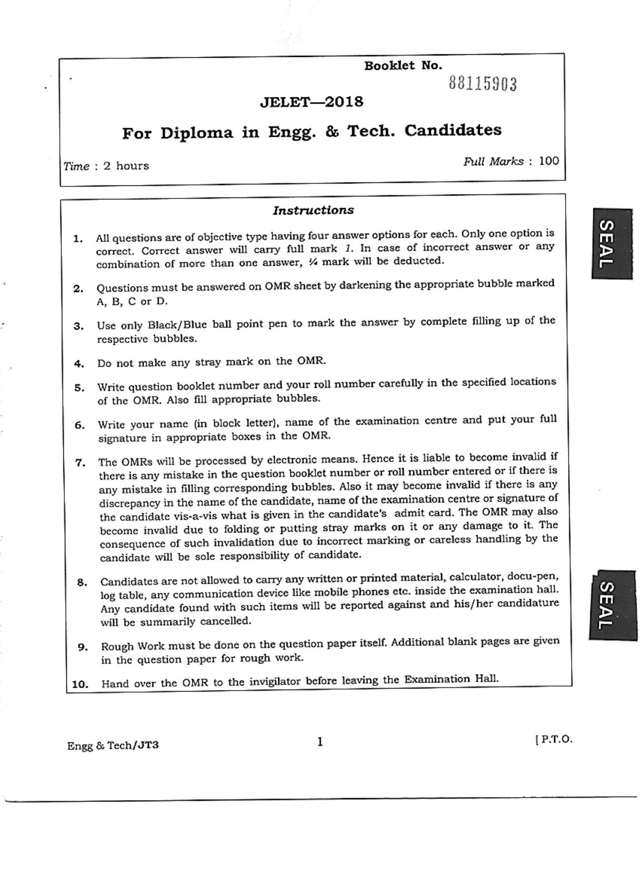 WBJEE JELET 2018 ( Engg. & Tech. ) - Page 1