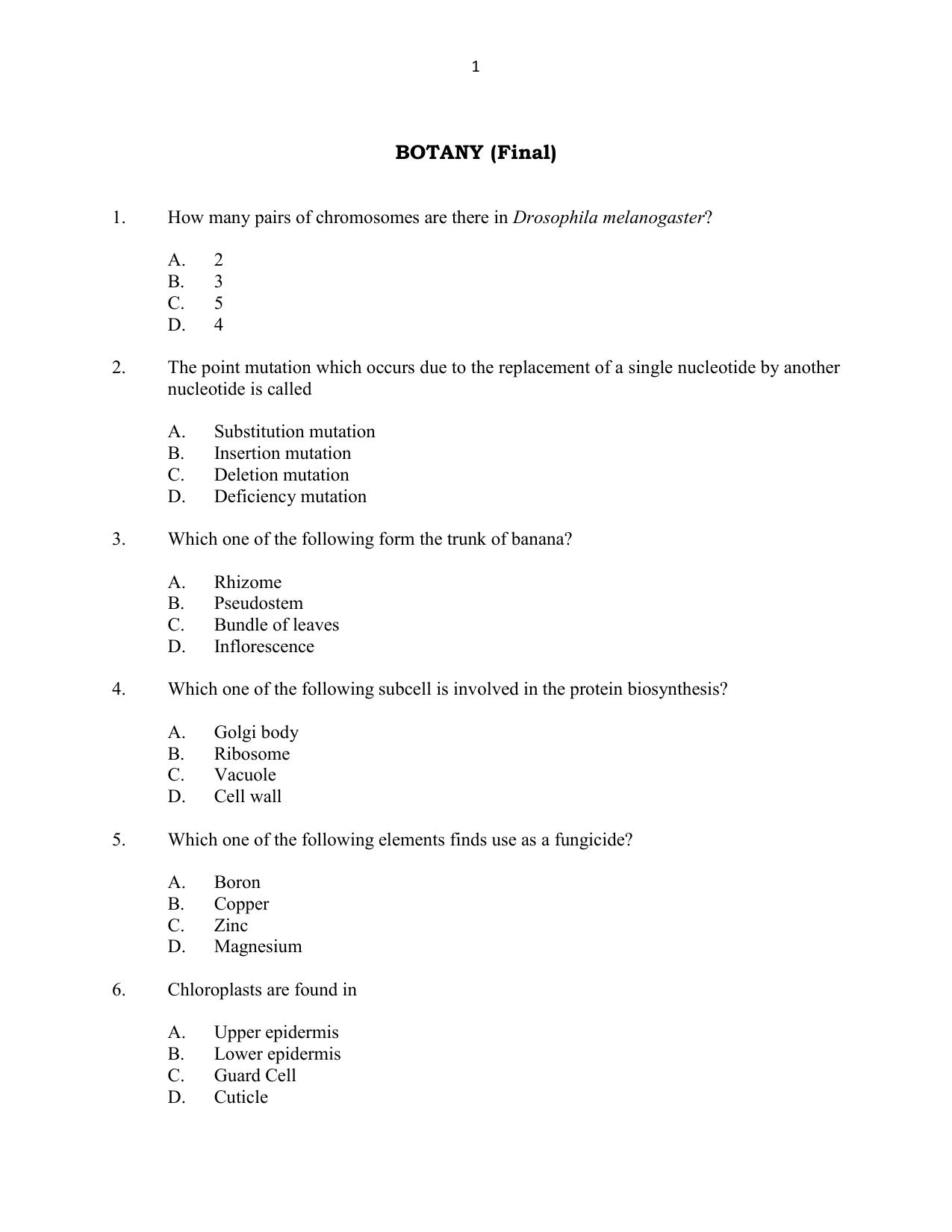 CUSAT CAT 2016 Botany Question Paper - Page 1