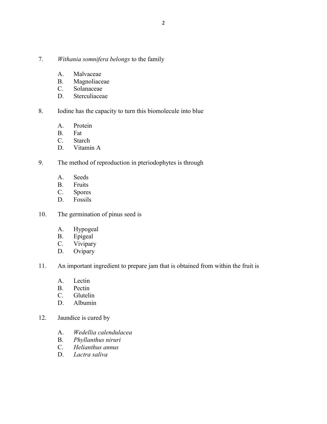 CUSAT CAT 2016 Botany Question Paper - Page 2