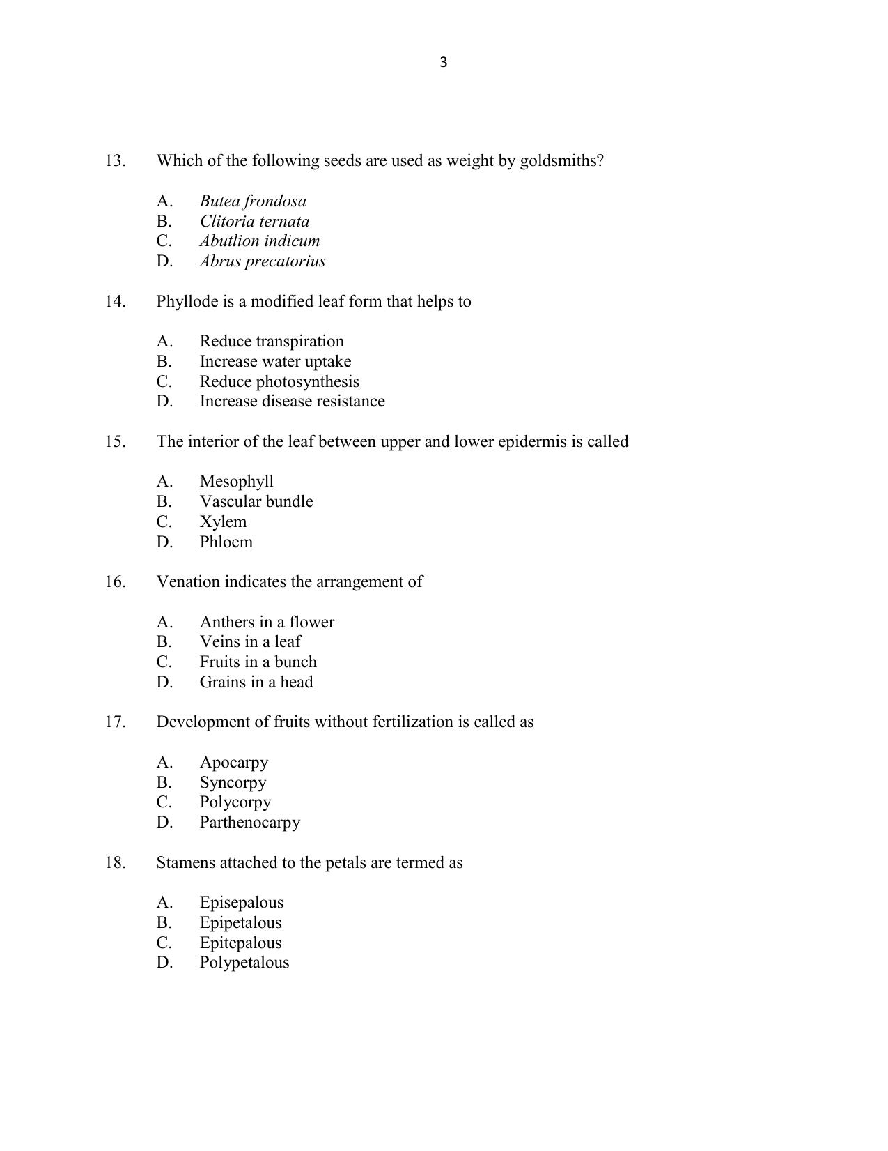 CUSAT CAT 2016 Botany Question Paper - Page 3