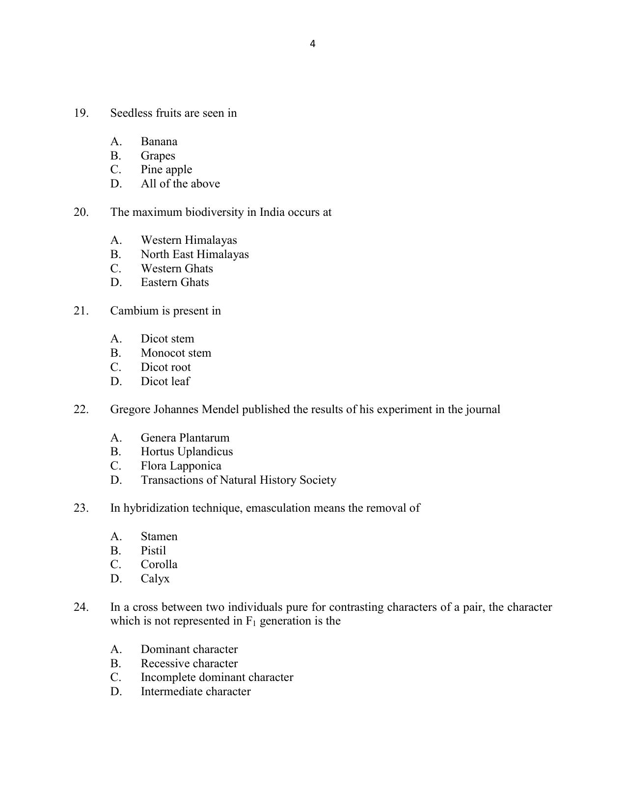 CUSAT CAT 2016 Botany Question Paper - Page 4