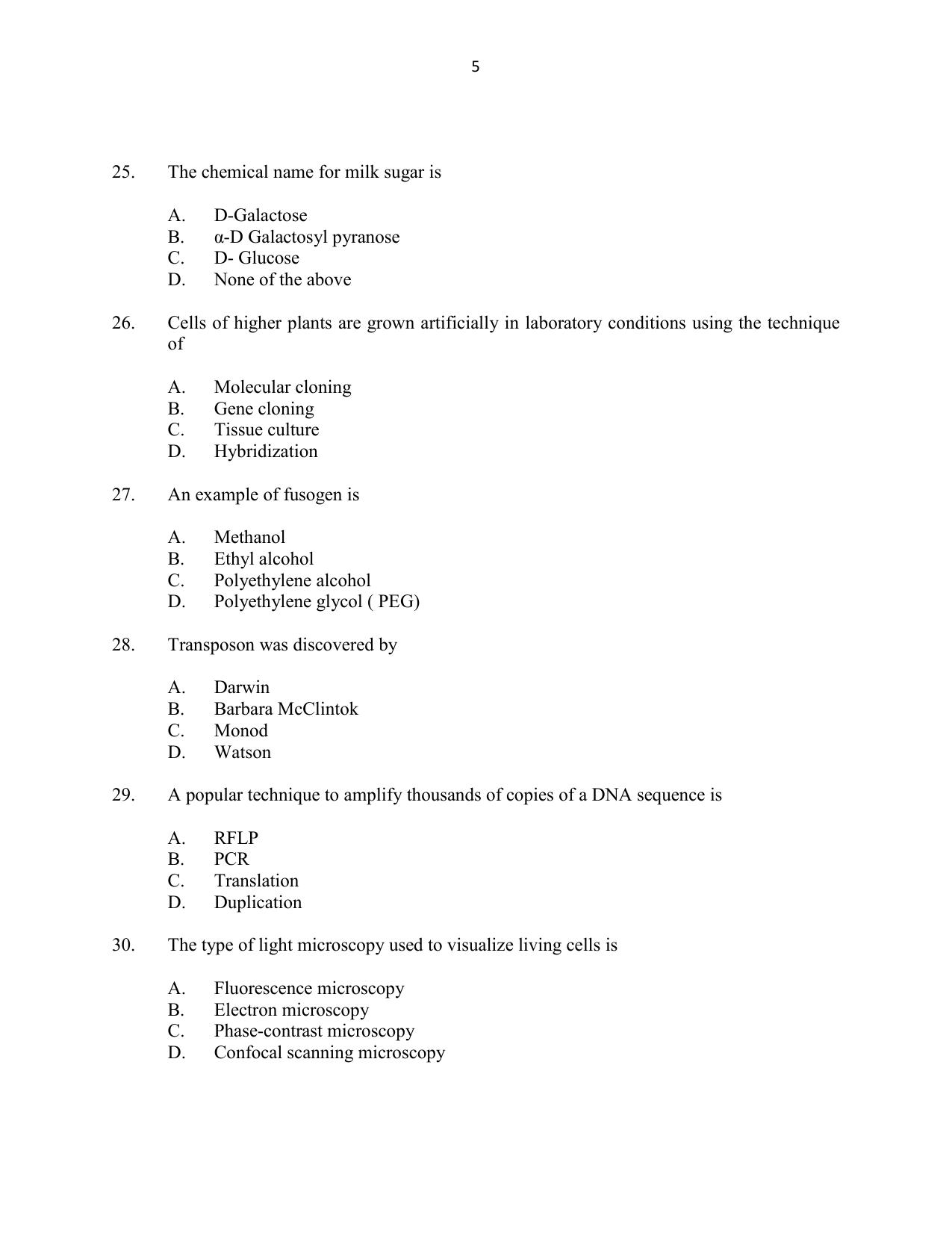 CUSAT CAT 2016 Botany Question Paper - Page 5