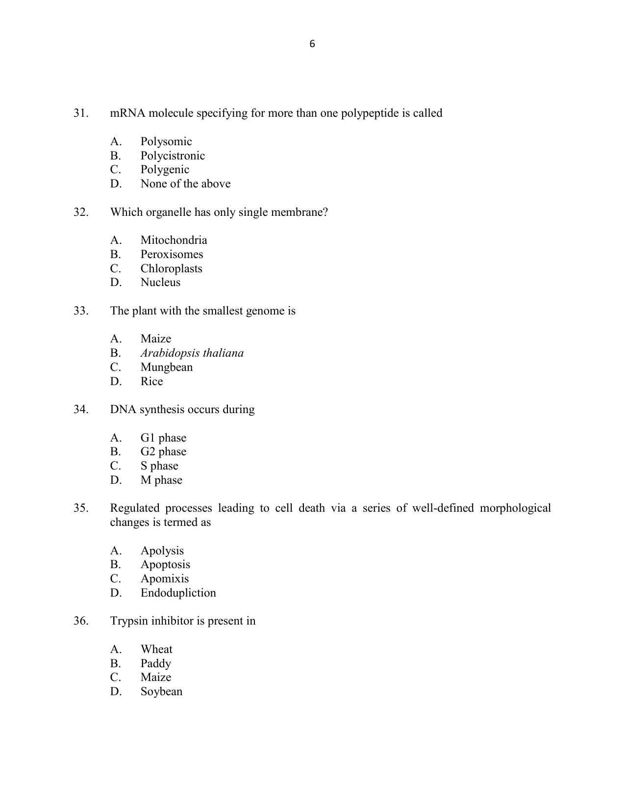 CUSAT CAT 2016 Botany Question Paper - Page 6