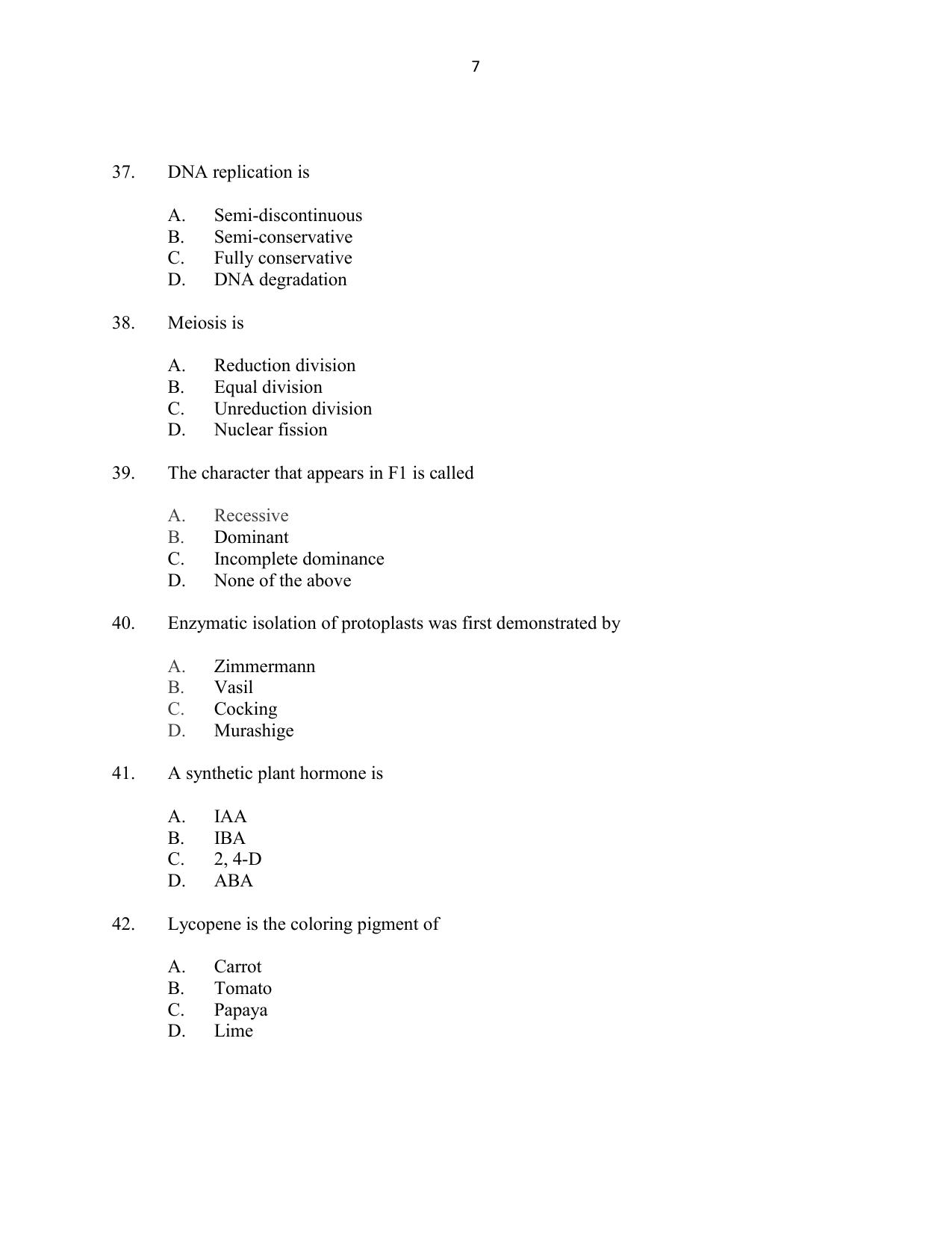 CUSAT CAT 2016 Botany Question Paper - Page 7