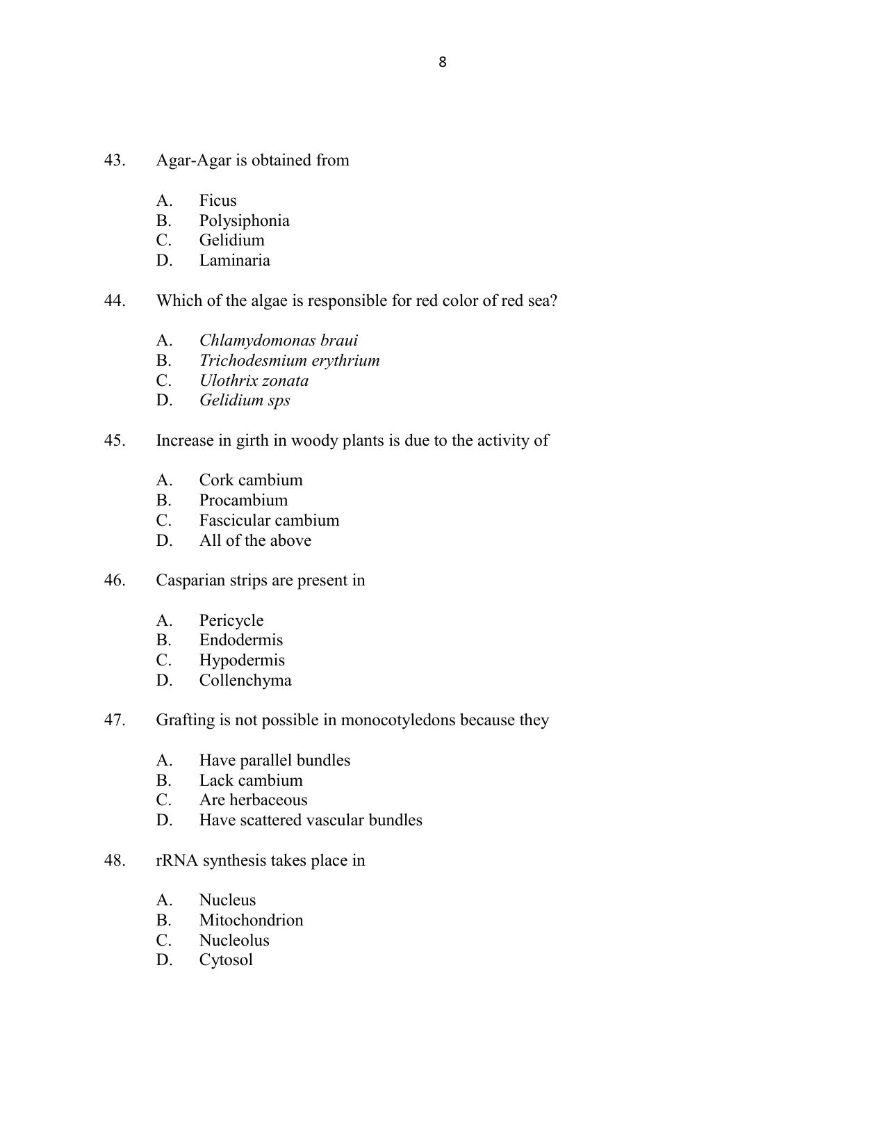 CUSAT CAT 2016 Botany Question Paper - Page 8